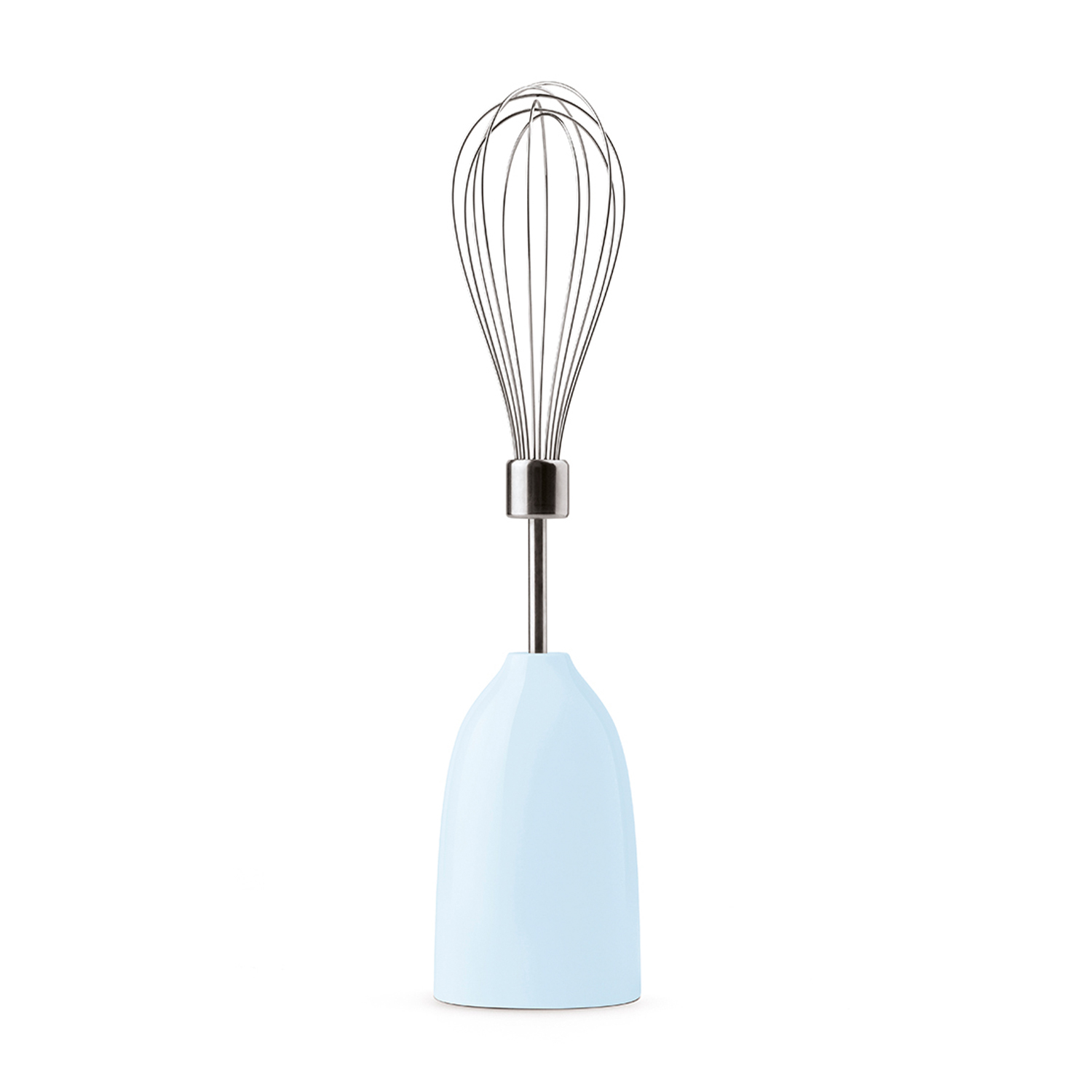 Frullatore a immersione con base azzurra e frusta in acciaio inox, su sfondo bianco.