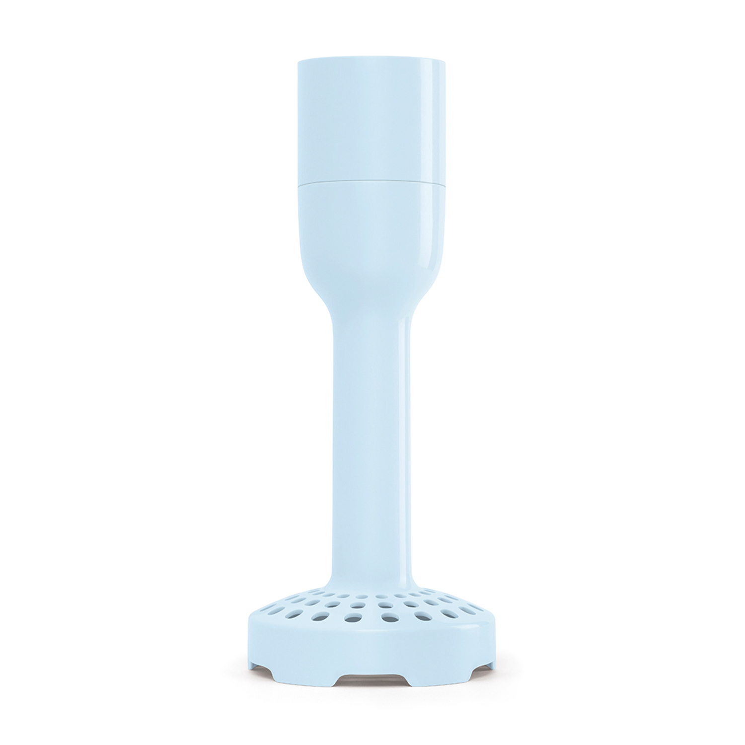 Un frullatore a immersione azzurro con manico lungo e base perforata, su sfondo bianco.