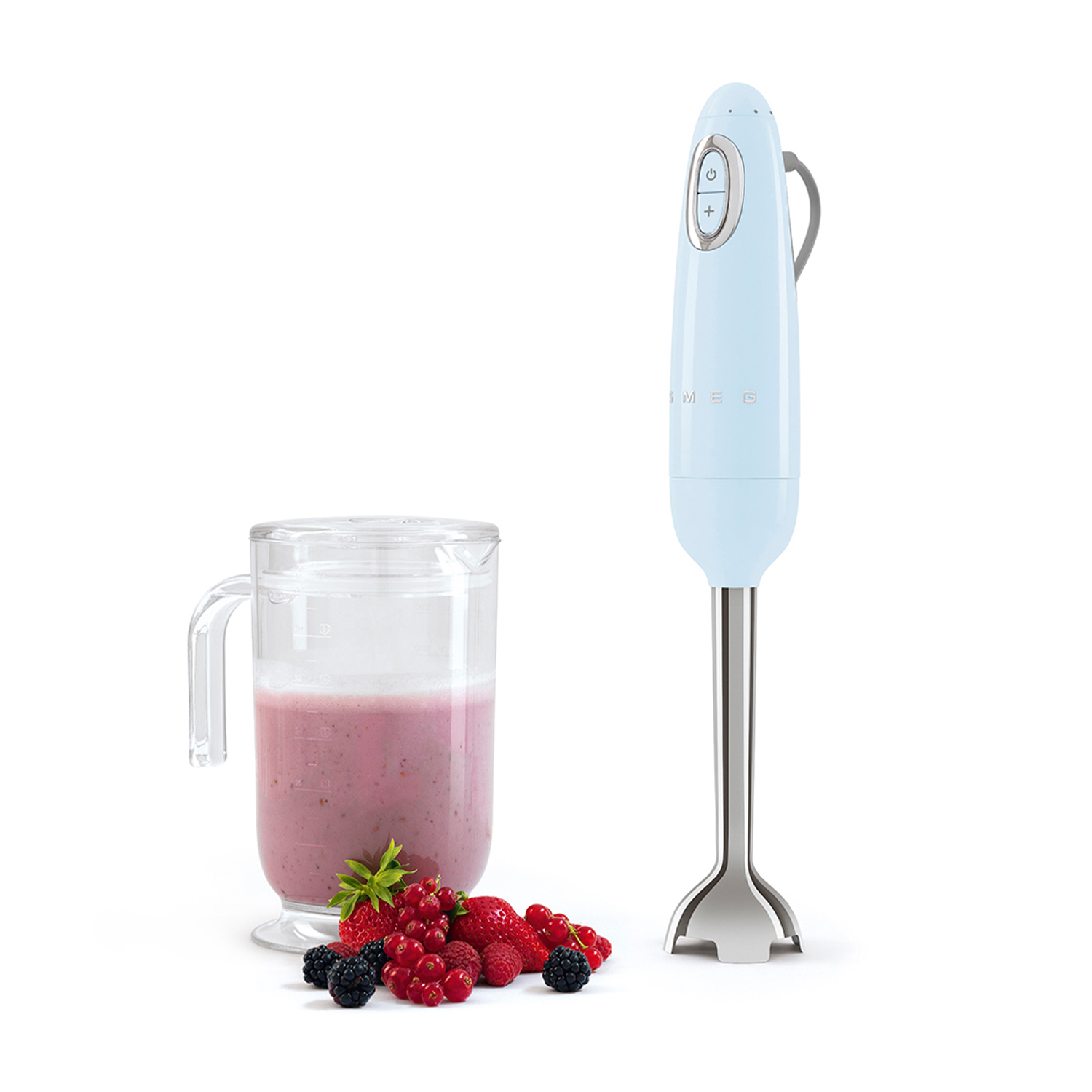 Un frullatore a immersione Smeg blu con un barattolo di vetro.