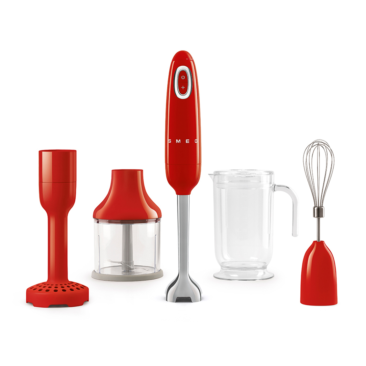 Set di utensili da cucina rossi. Include un frullatore a immersione, un accessorio per frullare, un bicchiere e una frusta.
