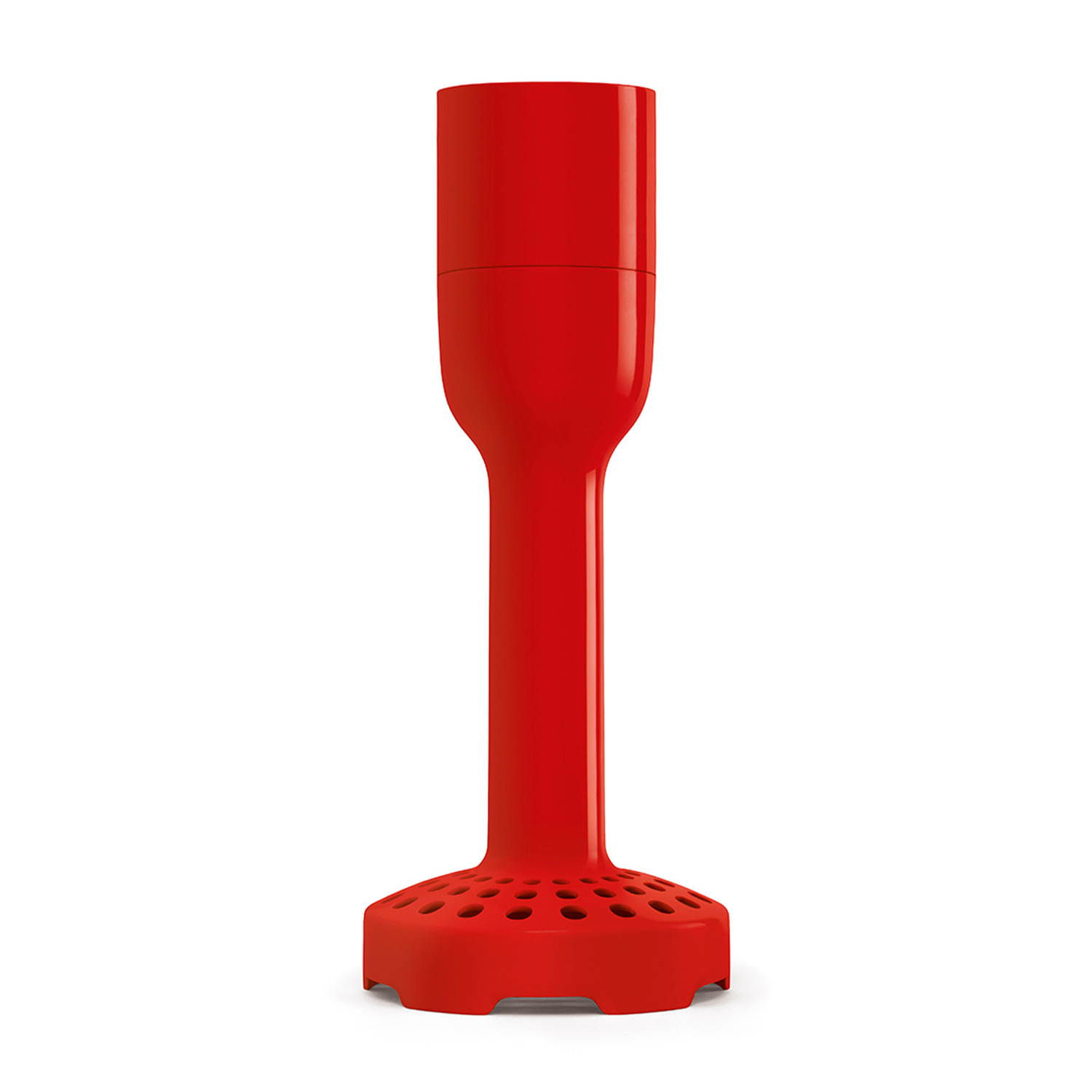 Accessorio per frullatore rosso, una forma lunga e cilindrica con una base arrotondata con fori.