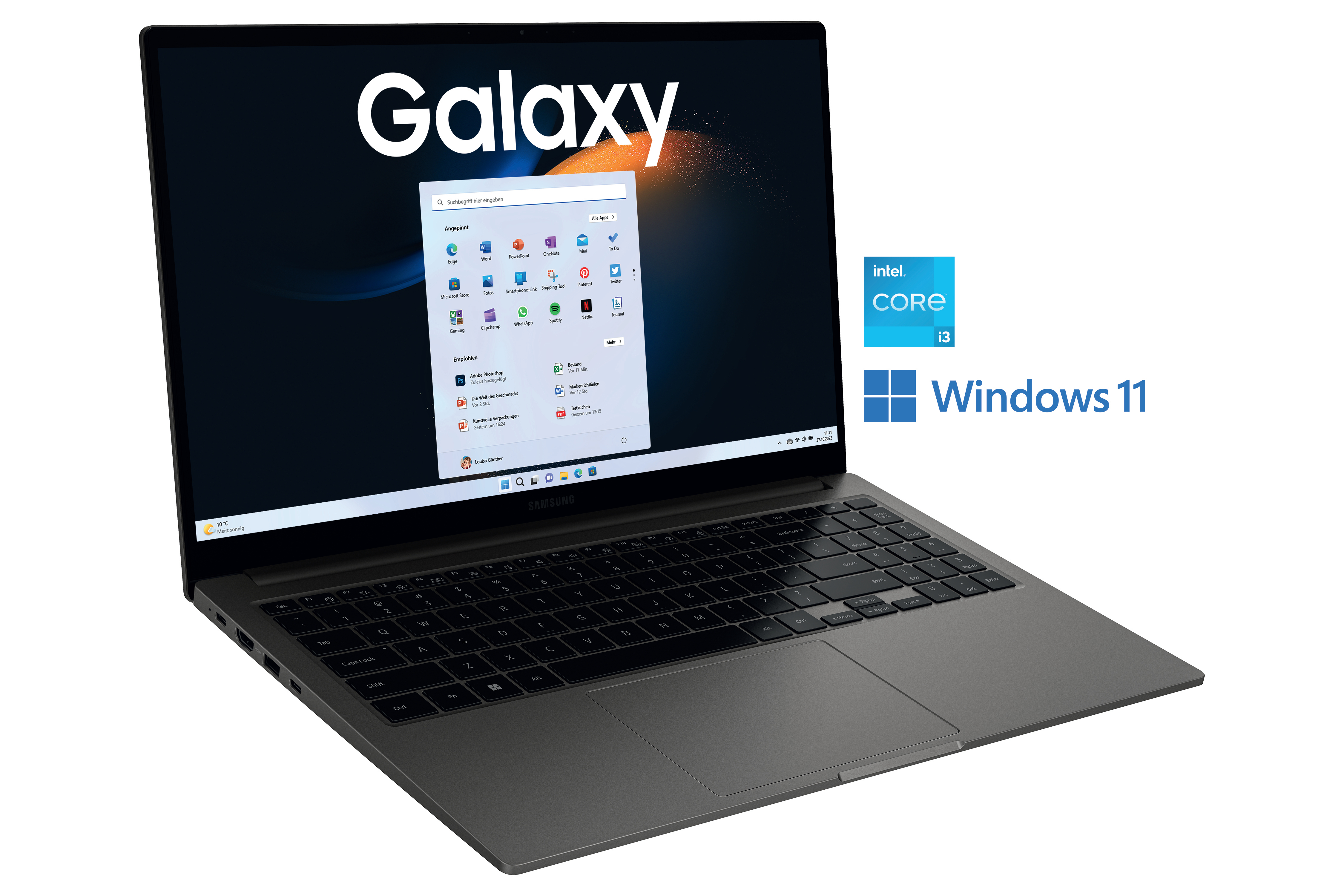 Ein grauer Samsung Galaxy Laptop mit Windows 11 und Intel Core i3 Etiketten auf dem Bildschirm.