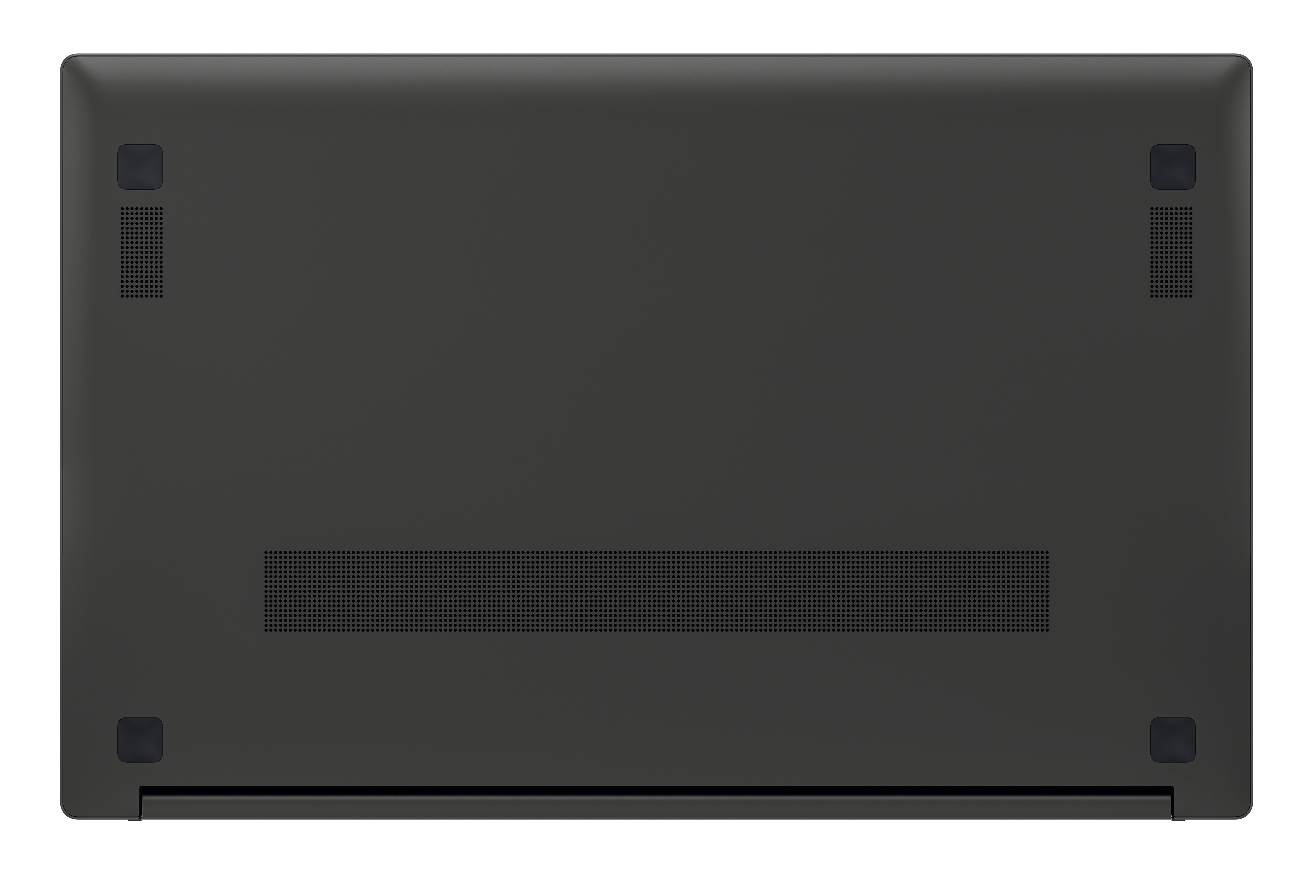 Unteransicht eines dunkelgrauen Laptops auf weißem Hintergrund. Lüftungsschlitze und Füße sichtbar.