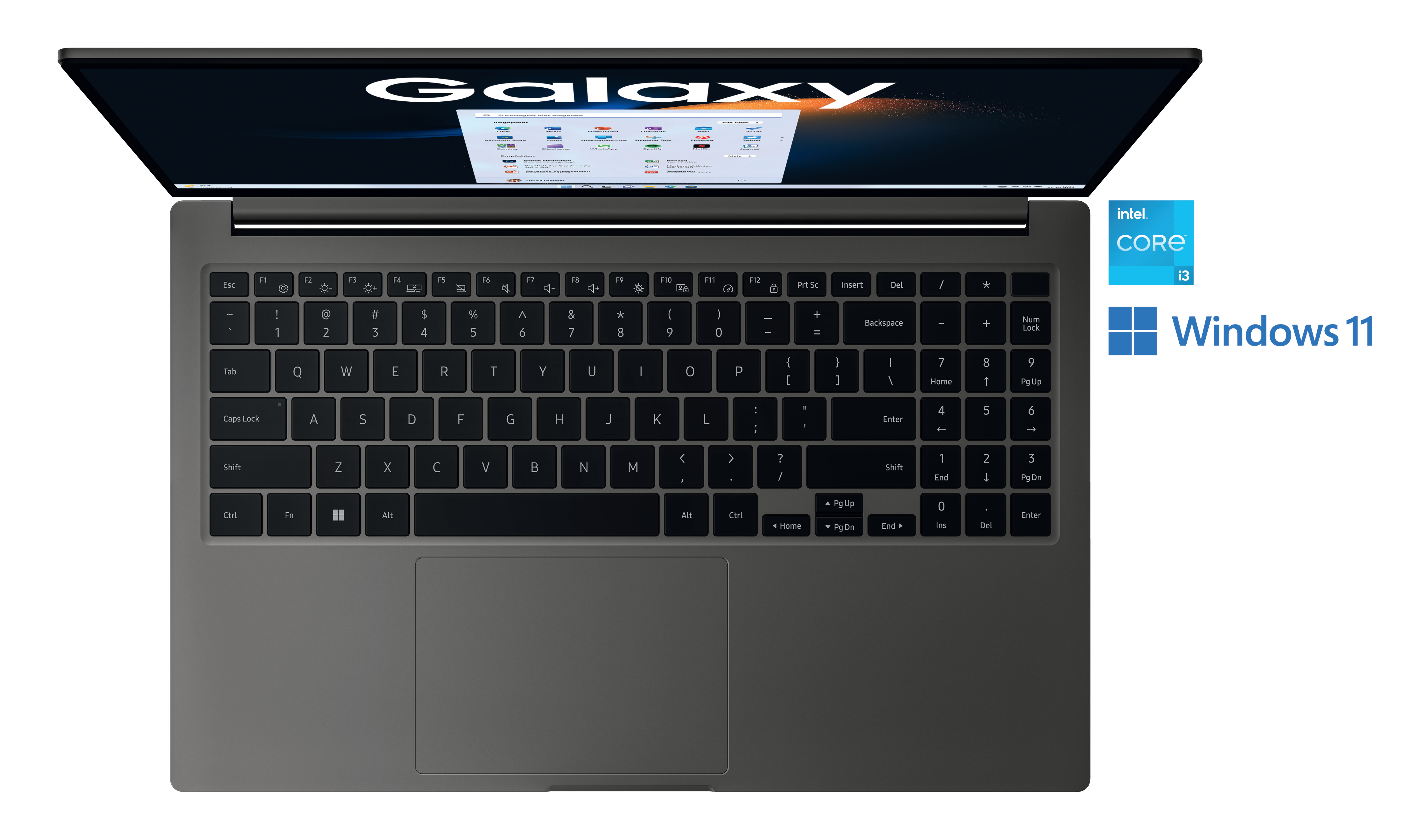 Laptop mit Tastatur und Bildschirm. Text auf dem Bildschirm ist Galaxy. Intel- und Windows-Logos.
