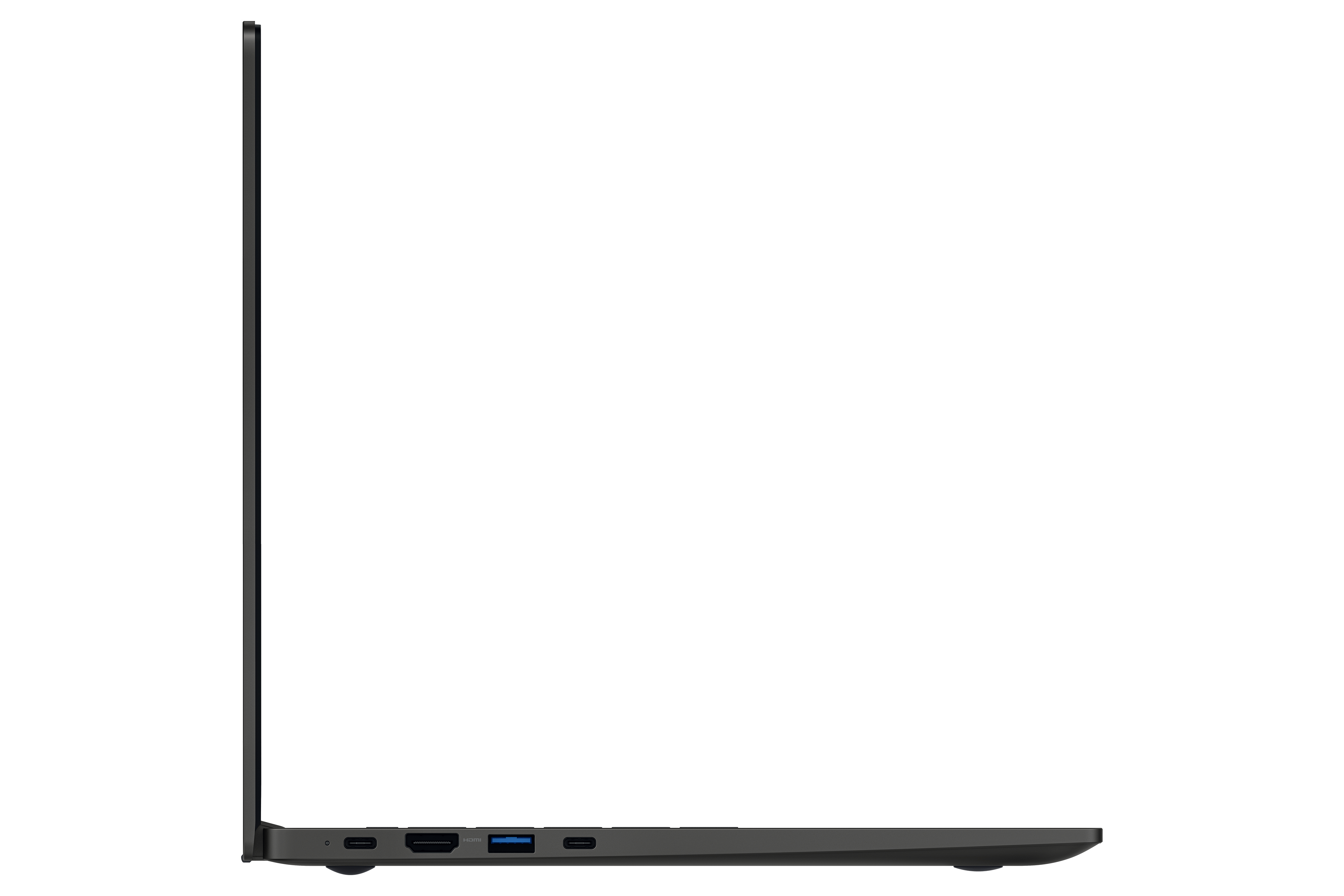 Seitenansicht eines schwarzen Laptops. Der Bildschirm ist geschlossen. Es ist auf weißem Hintergrund.