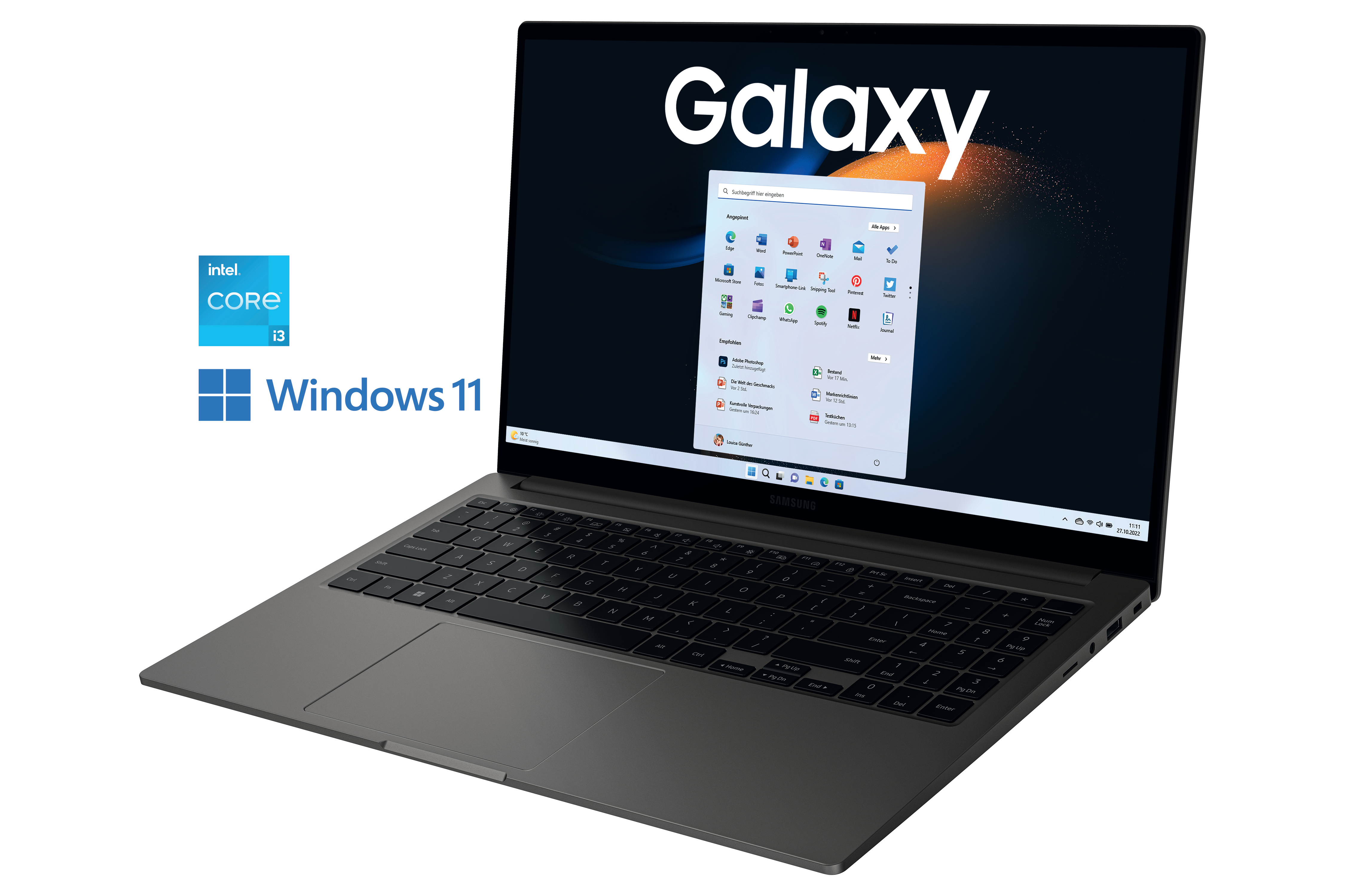 Laptop mit Samsung Galaxy Logo auf dem Bildschirm. Windows 11 und Intel Core i3 Logo.