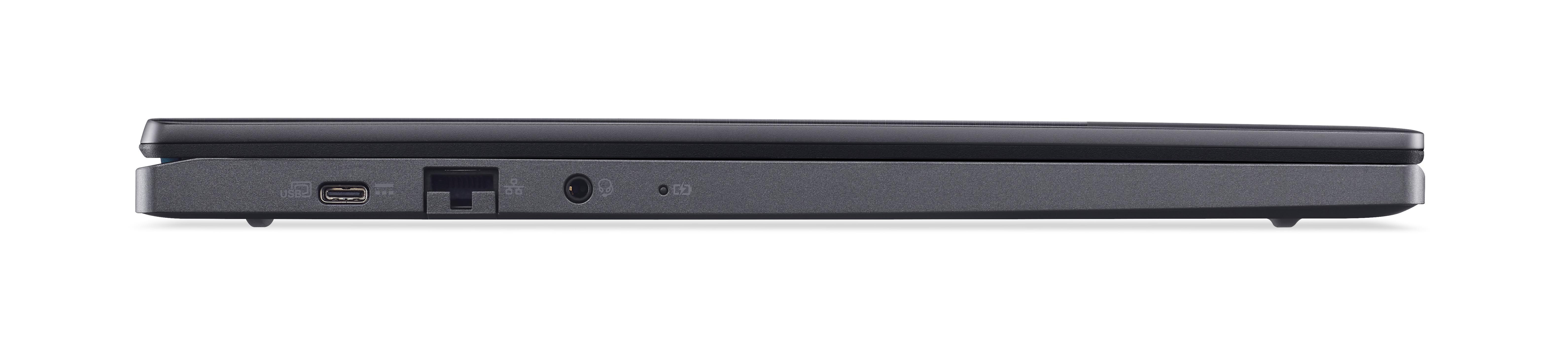 Seitenansicht eines geschlossenen schwarzen Laptops mit Anschlüssen an der Seite. Ein USB-Anschluss, Ethernet und Audioanschluss.
