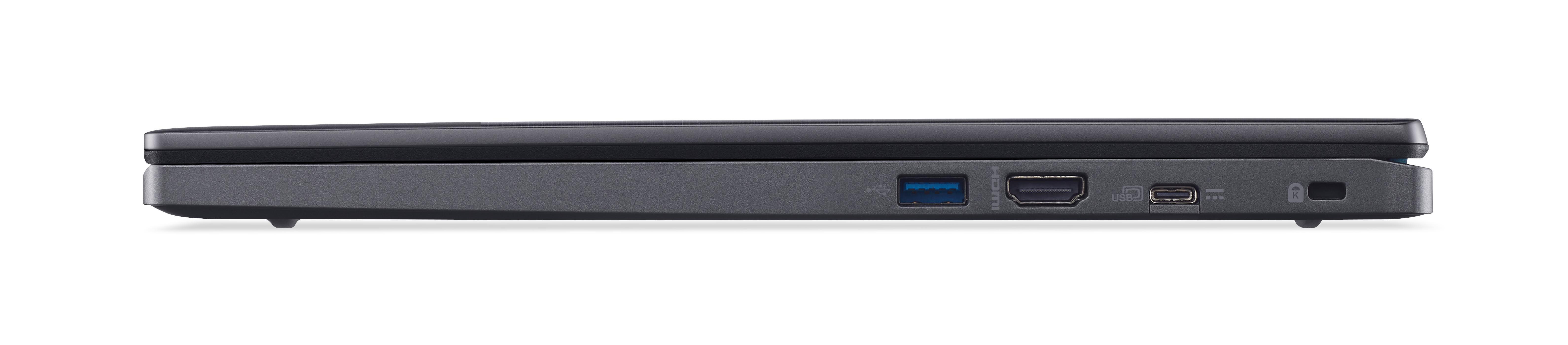 Seitenansicht eines geschlossenen, dunkelgrauen Laptops mit sichtbaren Anschlüssen am Rand.