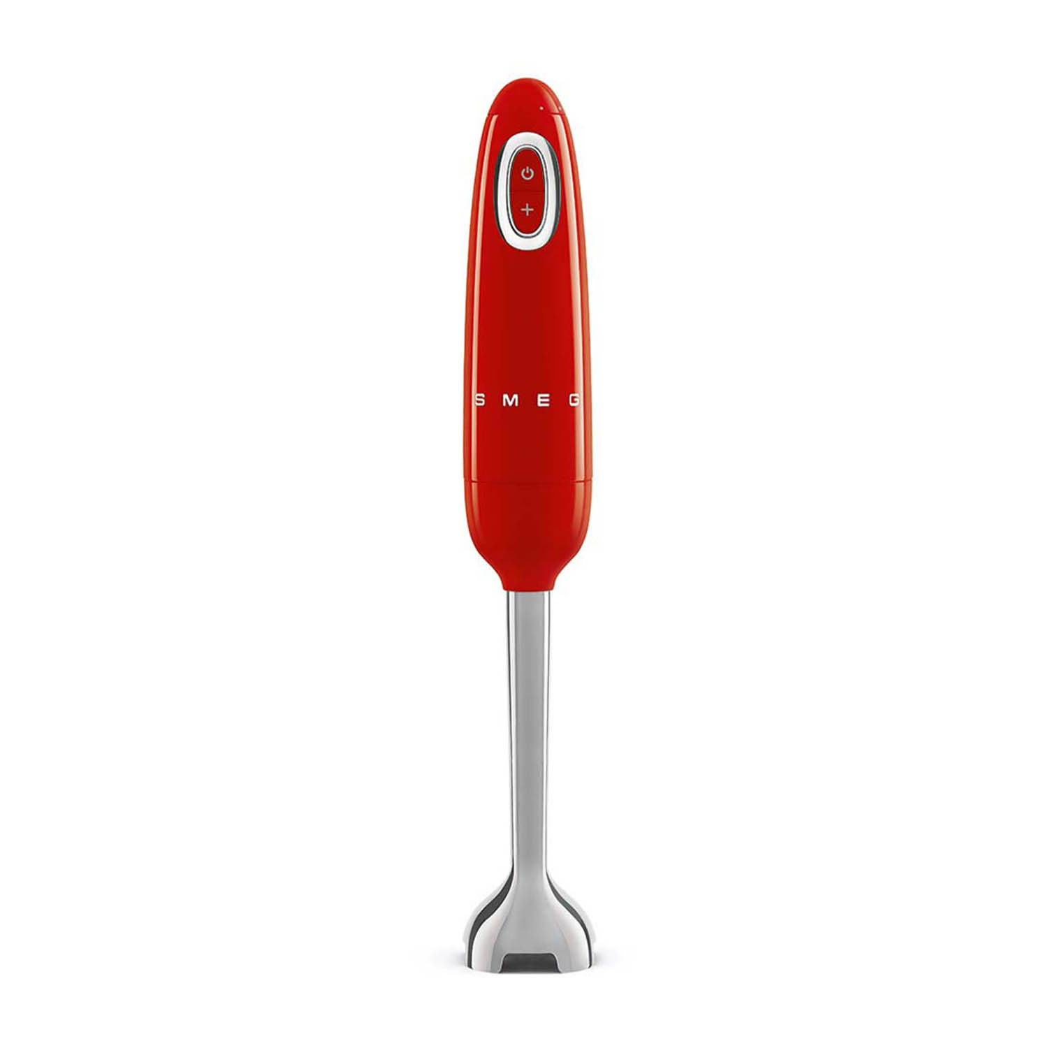 Frullatore a immersione SMEG rosso. È verticale, cilindrico con un pannello di controllo in alto.