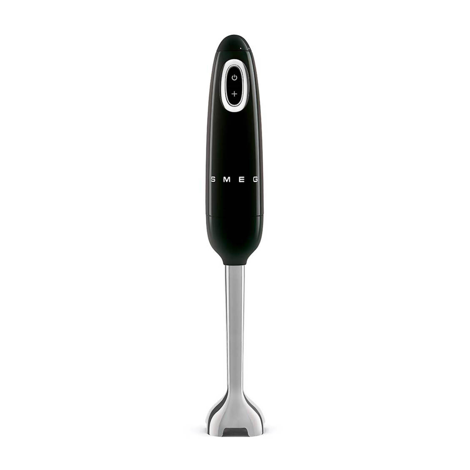 Frullatore a immersione Smeg nero su sfondo bianco. Ha un albero argentato e un'impugnatura nera con pulsanti di controllo.