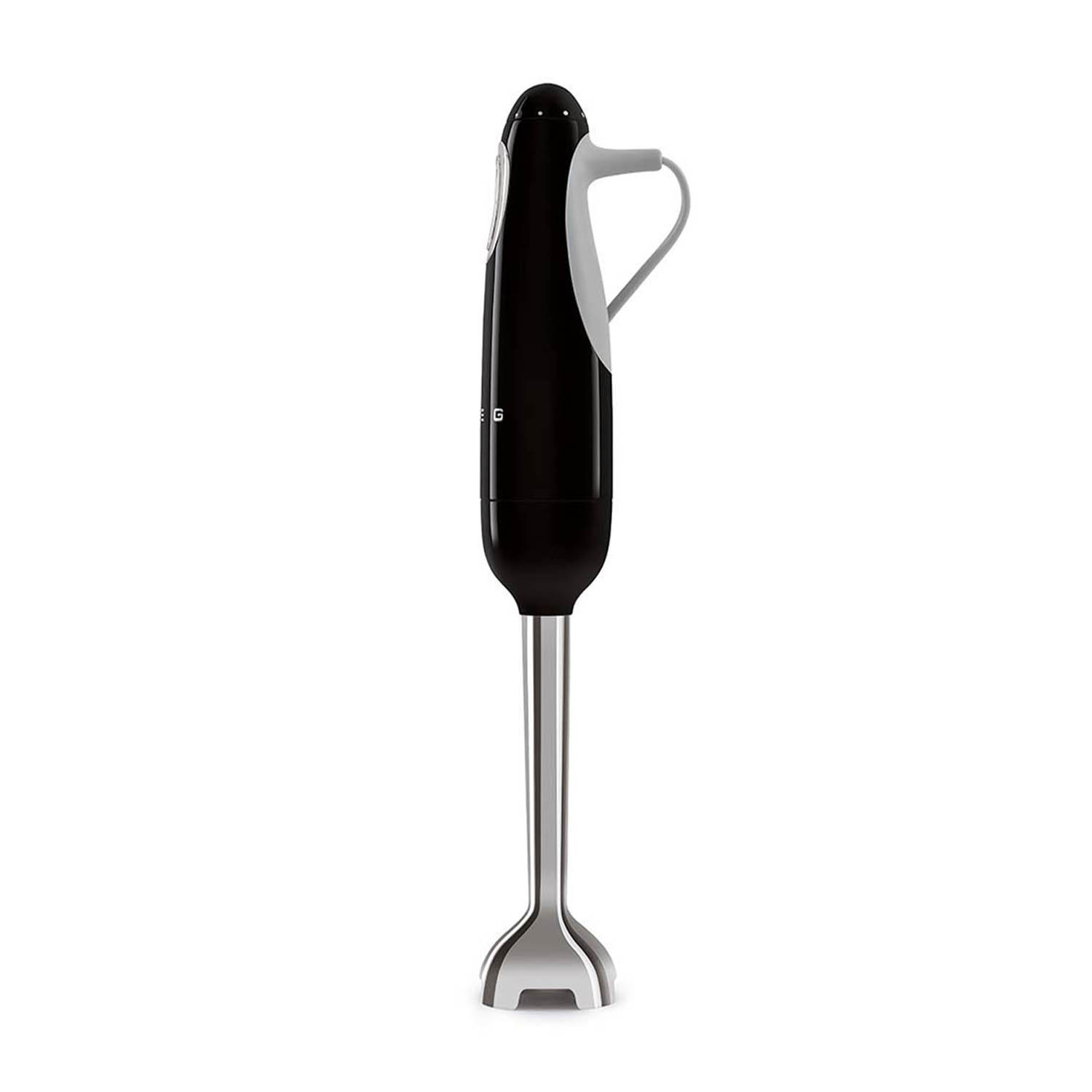 Frullatore a immersione bianco e nero con lama in acciaio inox, su sfondo bianco.