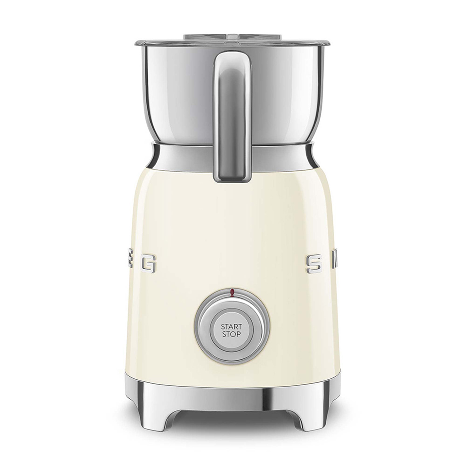 Macinacaffè Smeg color crema con manico e base argentati. Pulsante Start/Stop.