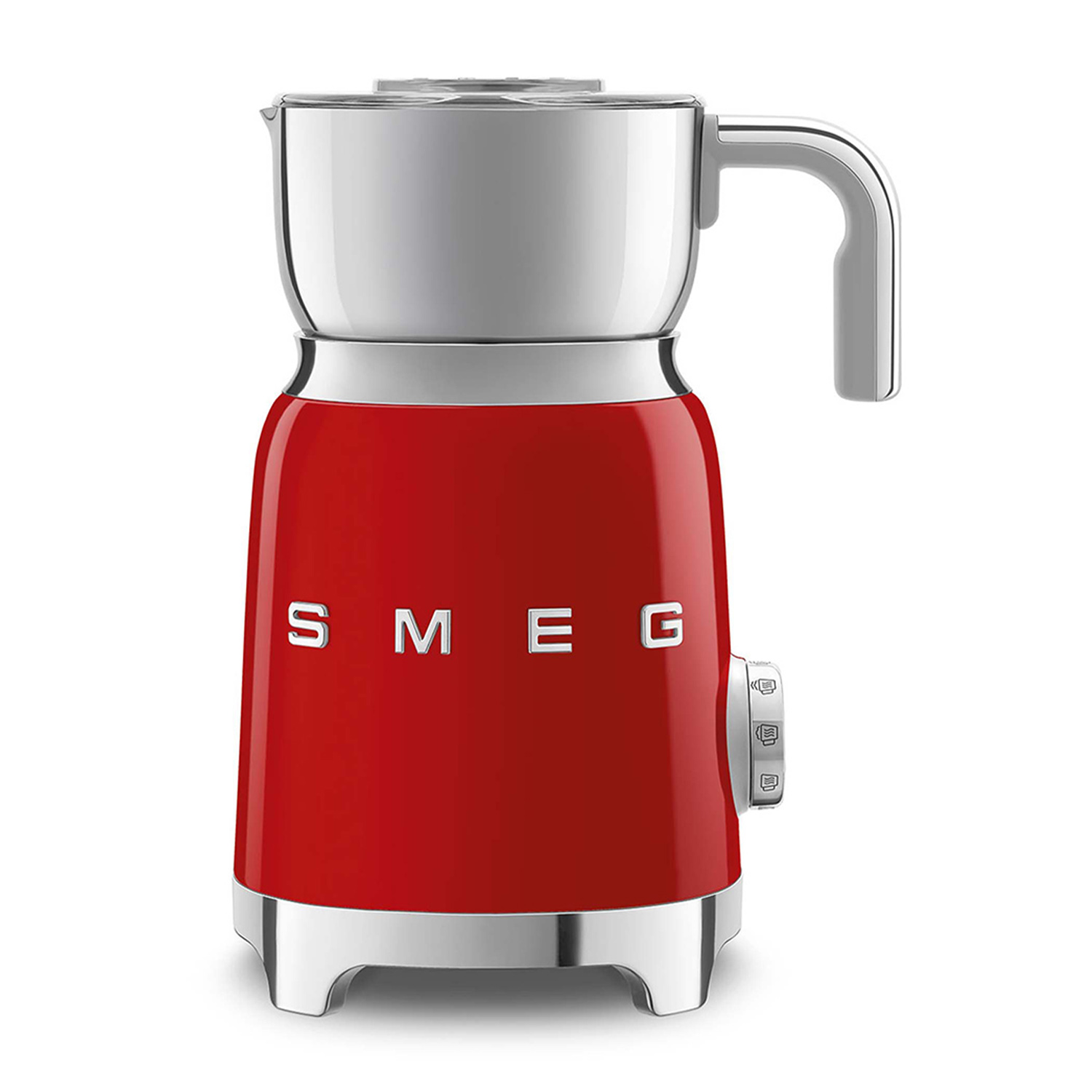 Montalatte Smeg rosso con coperchio e manico argentati. Ha una base argentata.