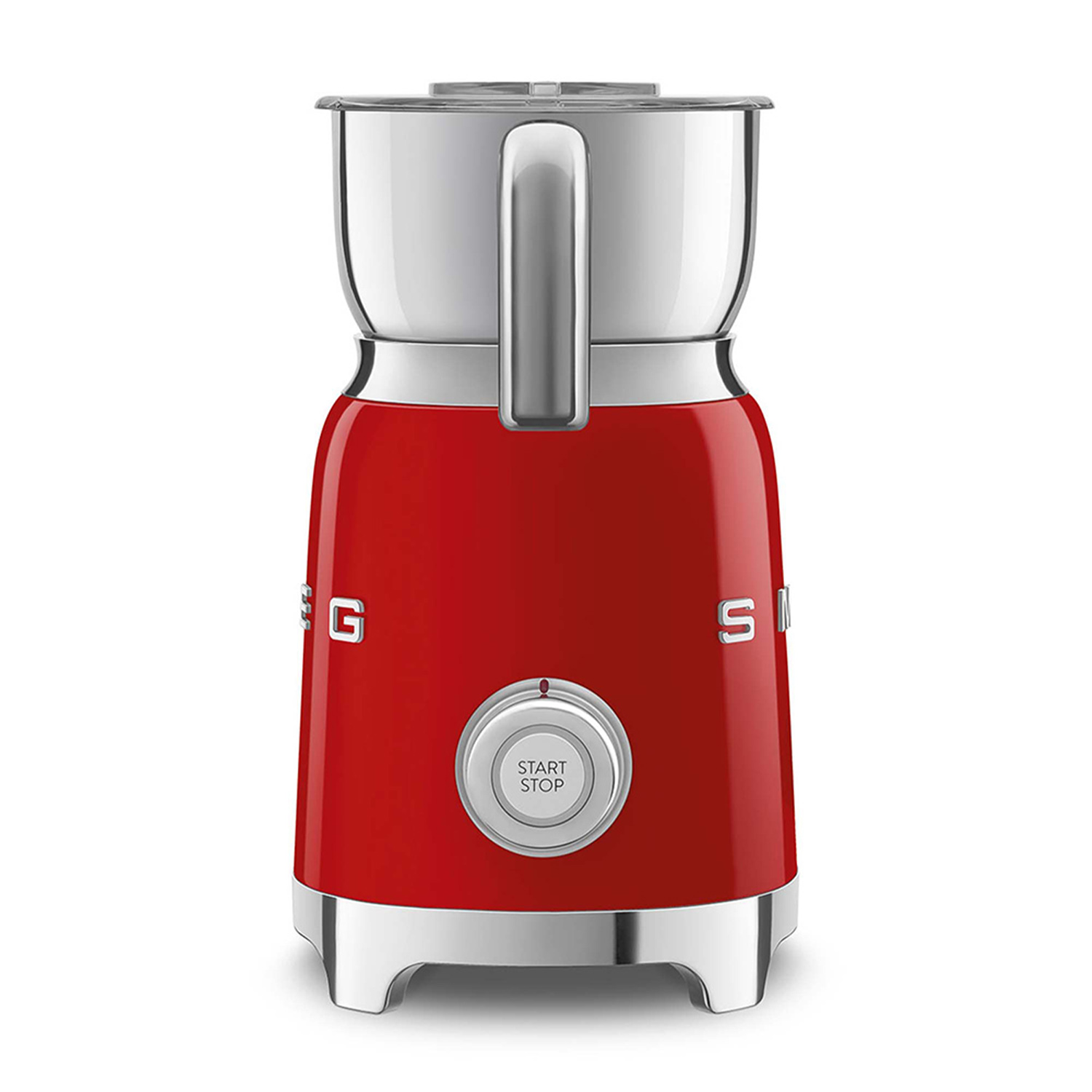 Tritacarne Smeg rosso con manico cromato e pulsante start/stop.