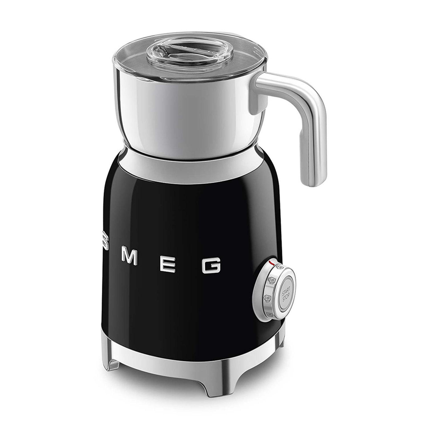 Macchina da caffè nera e cromata con manico e pulsante start/stop.