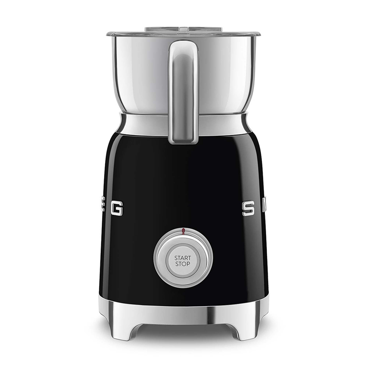 Macinacaffè SMEG nero e argento con pulsante start/stop bianco. Maniglia sulla parte superiore.