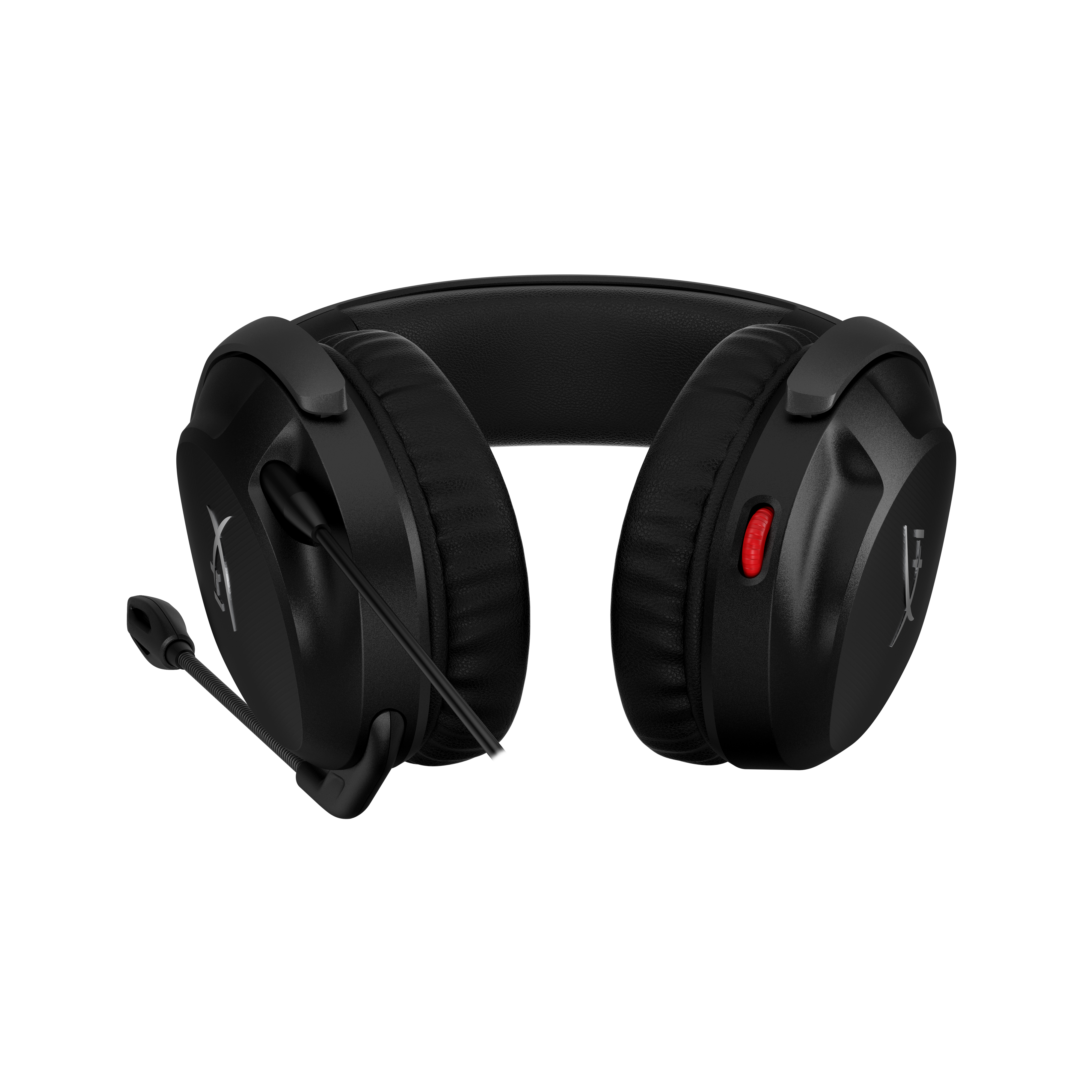 Auriculares para juegos negros con micrófono. Tiene un botón rojo. Fondo blanco.