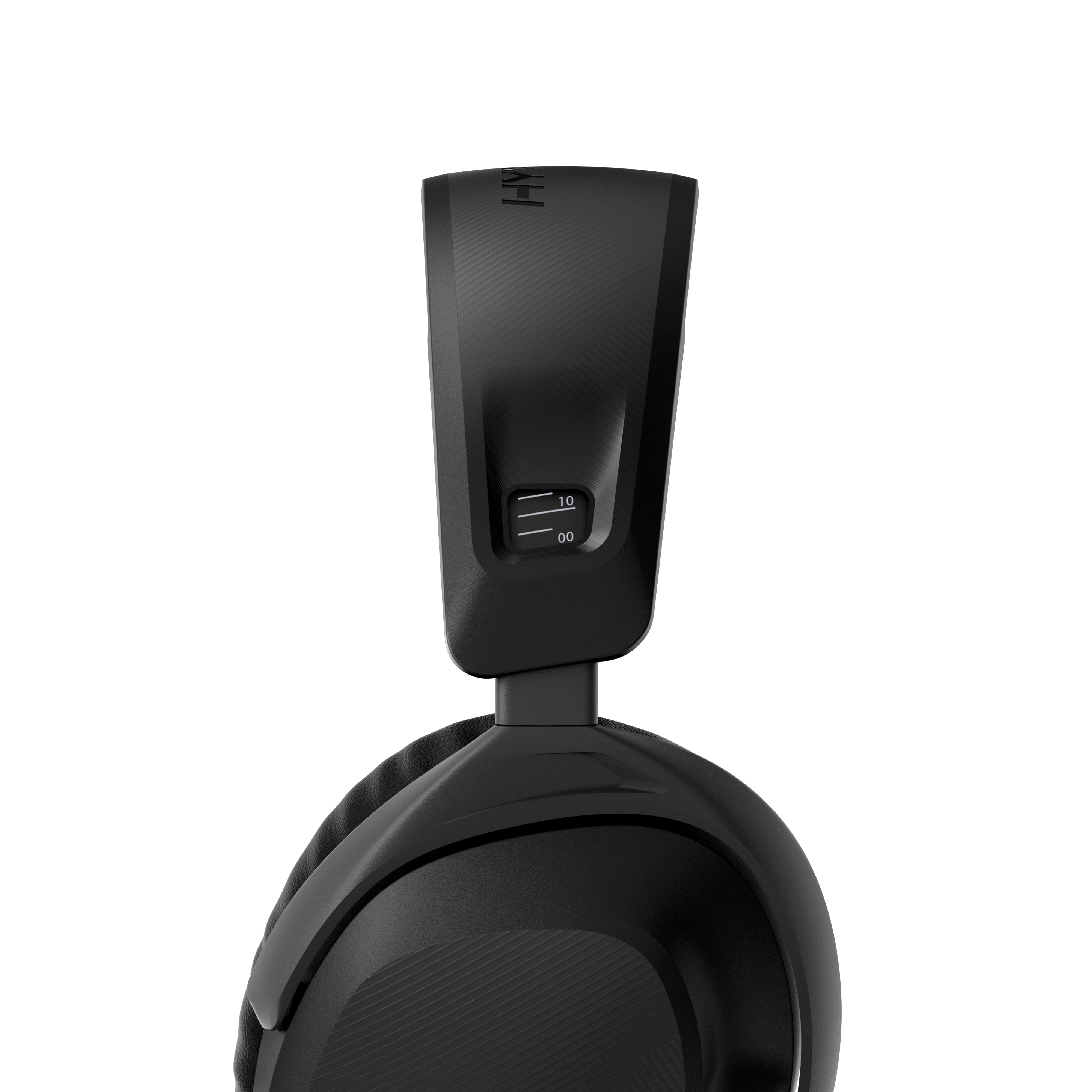 Auriculares negros, vista superior, mostrando la diadema ajustable y el control de volumen.