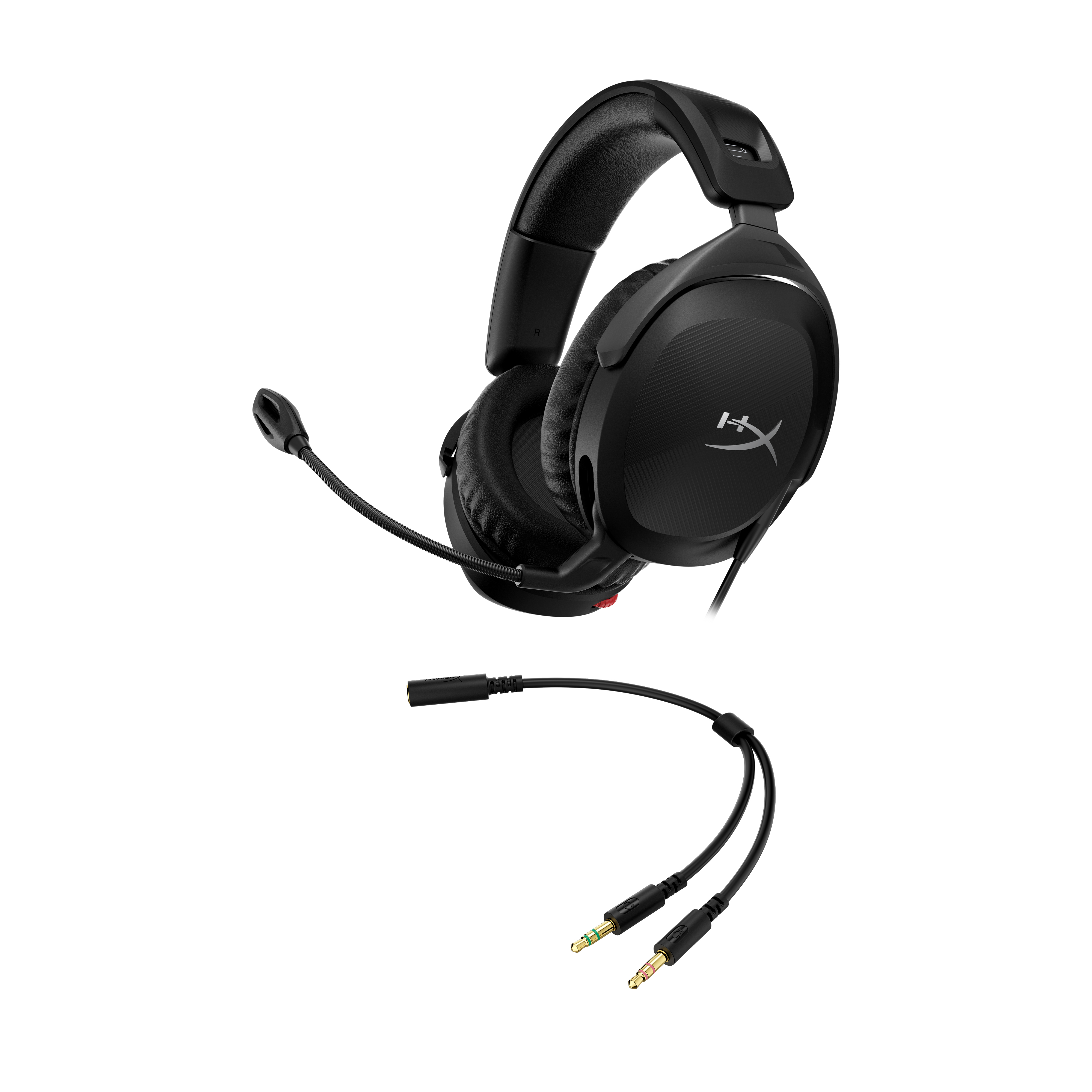 Auriculares para juegos negros con micrófono. Los auriculares tienen un cable negro y conectores dorados.