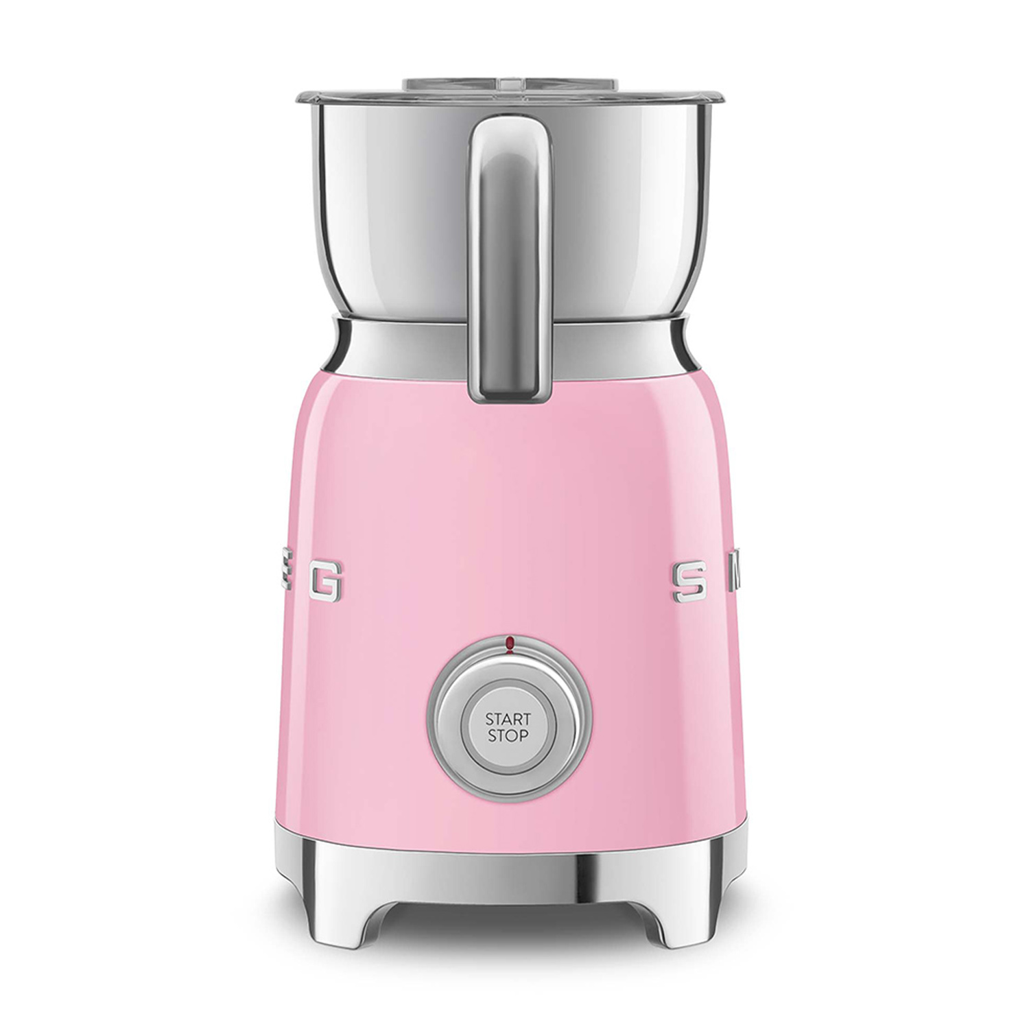 Macinacaffè Smeg rosa. Accenti argentati, pulsante rotondo start/stop. Maniglia in alto.
