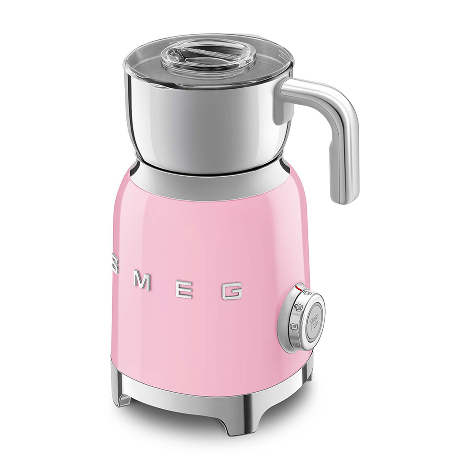 Un montalatte Smeg rosa con coperchio e manico argentati. Ha una manopola di controllo e uno sfondo bianco.