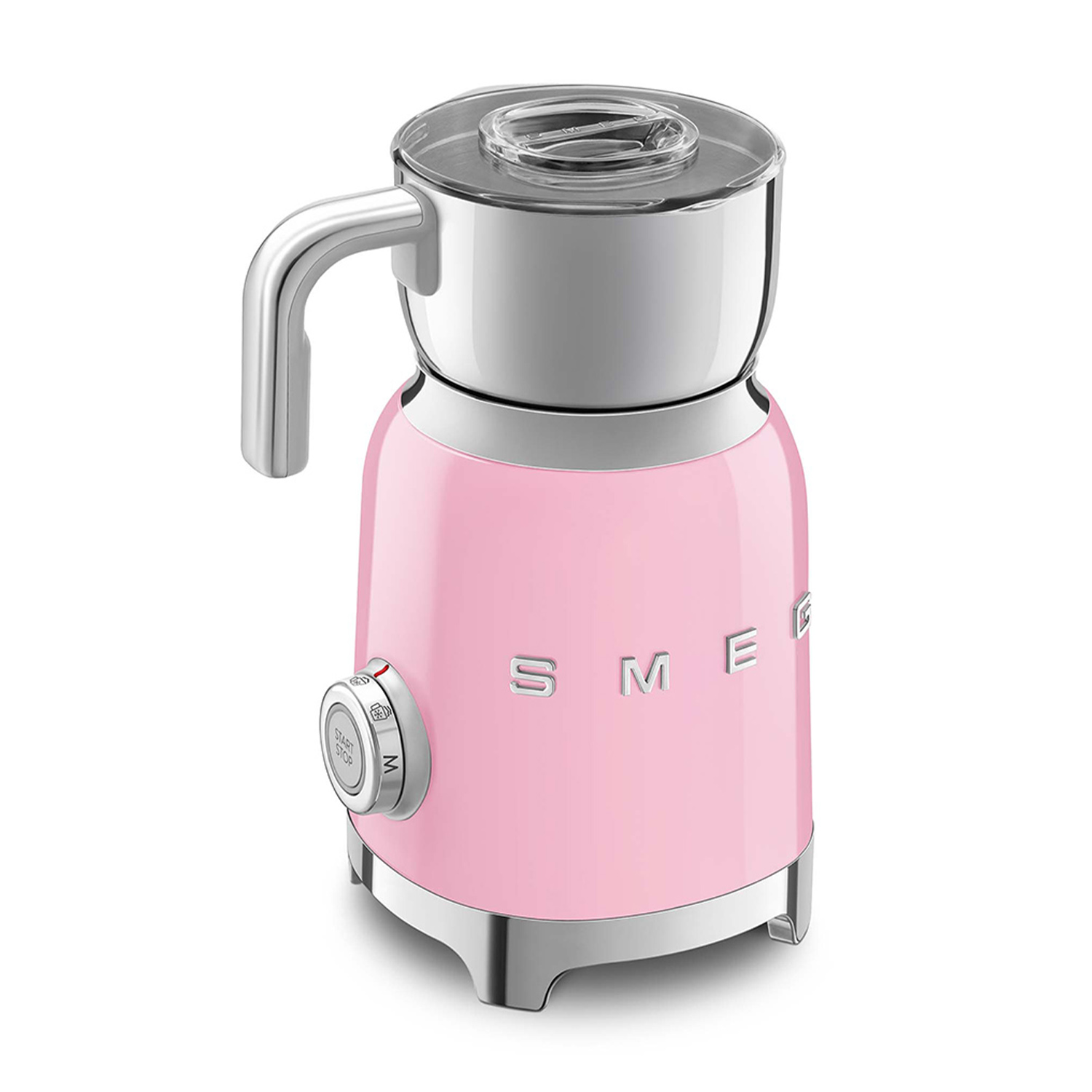 Un montalatte Smeg rosa. Ha un manico, un coperchio trasparente e una manopola di controllo.