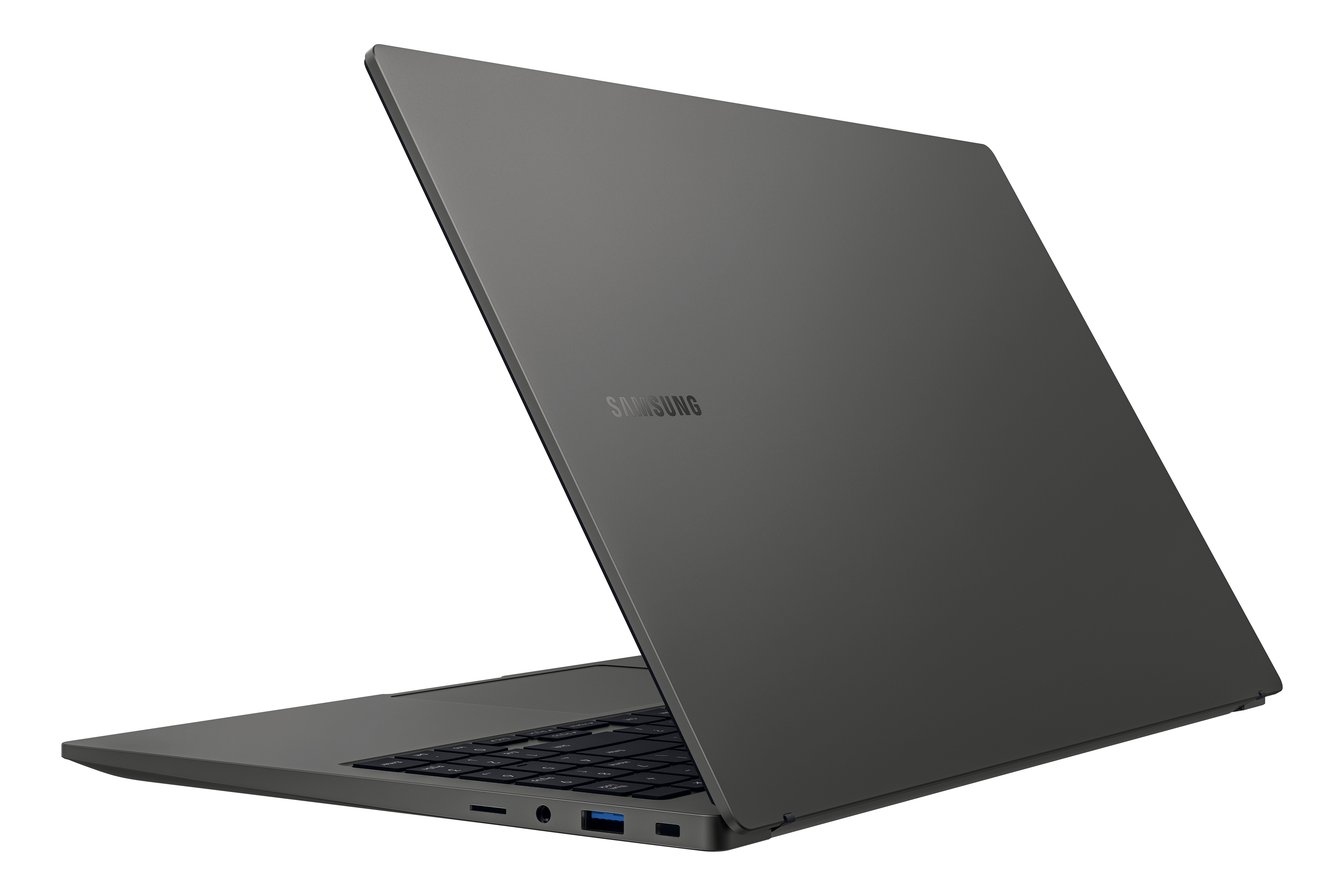 Dunkelgrauer Samsung-Laptop, leicht geöffnet, auf weißem Hintergrund. Das Samsung-Logo ist sichtbar.