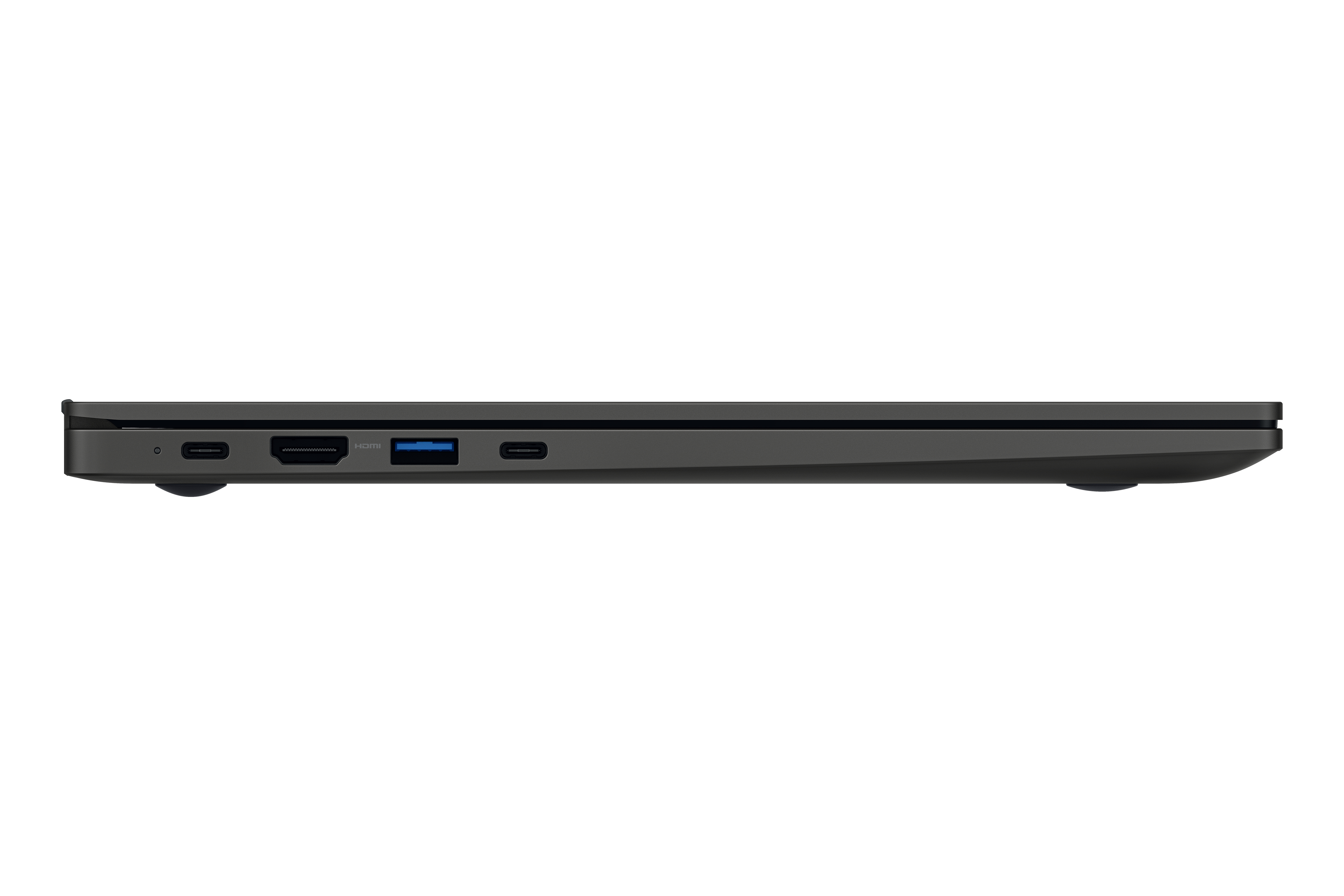 Seitenansicht eines schwarzen Laptops mit verschiedenen sichtbaren Anschlüssen.