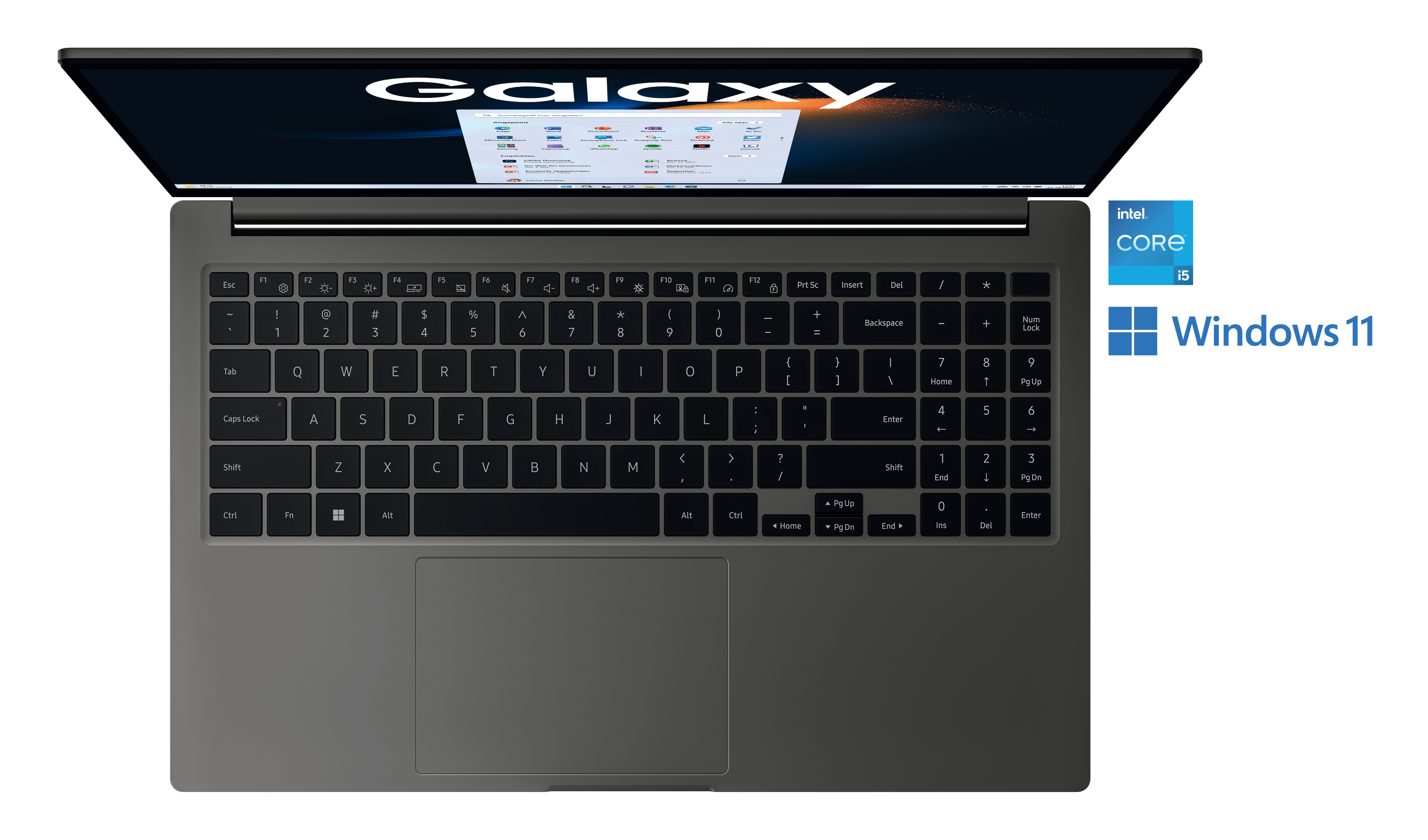 Samsung Galaxy Laptop, Draufsicht, offen, Tastatur und Bildschirm zeigend. Weißer Hintergrund.