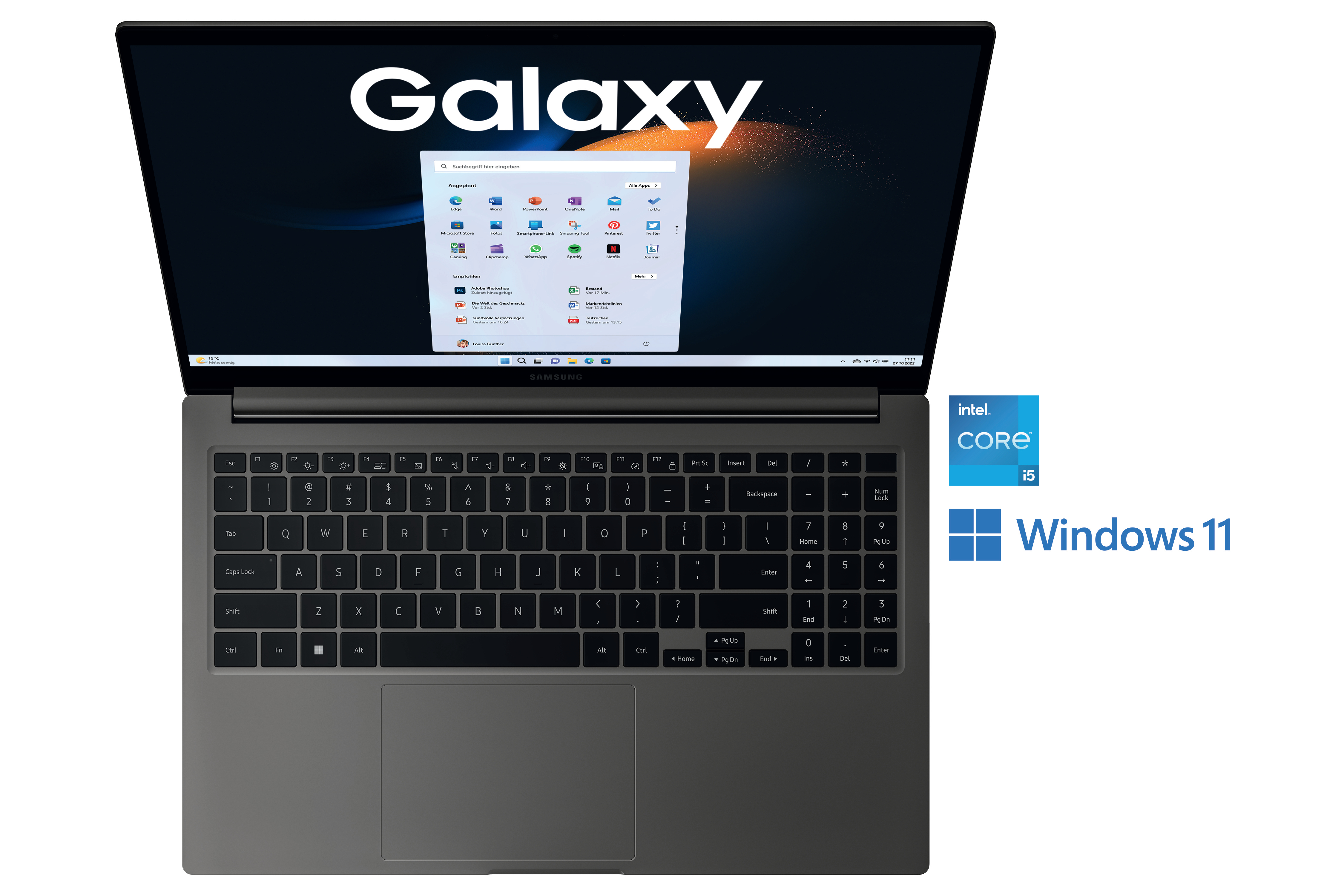 Laptop mit 'Galaxy' auf dem Bildschirm, Windows 11 Logo und Intel Core i5 Aufkleber.