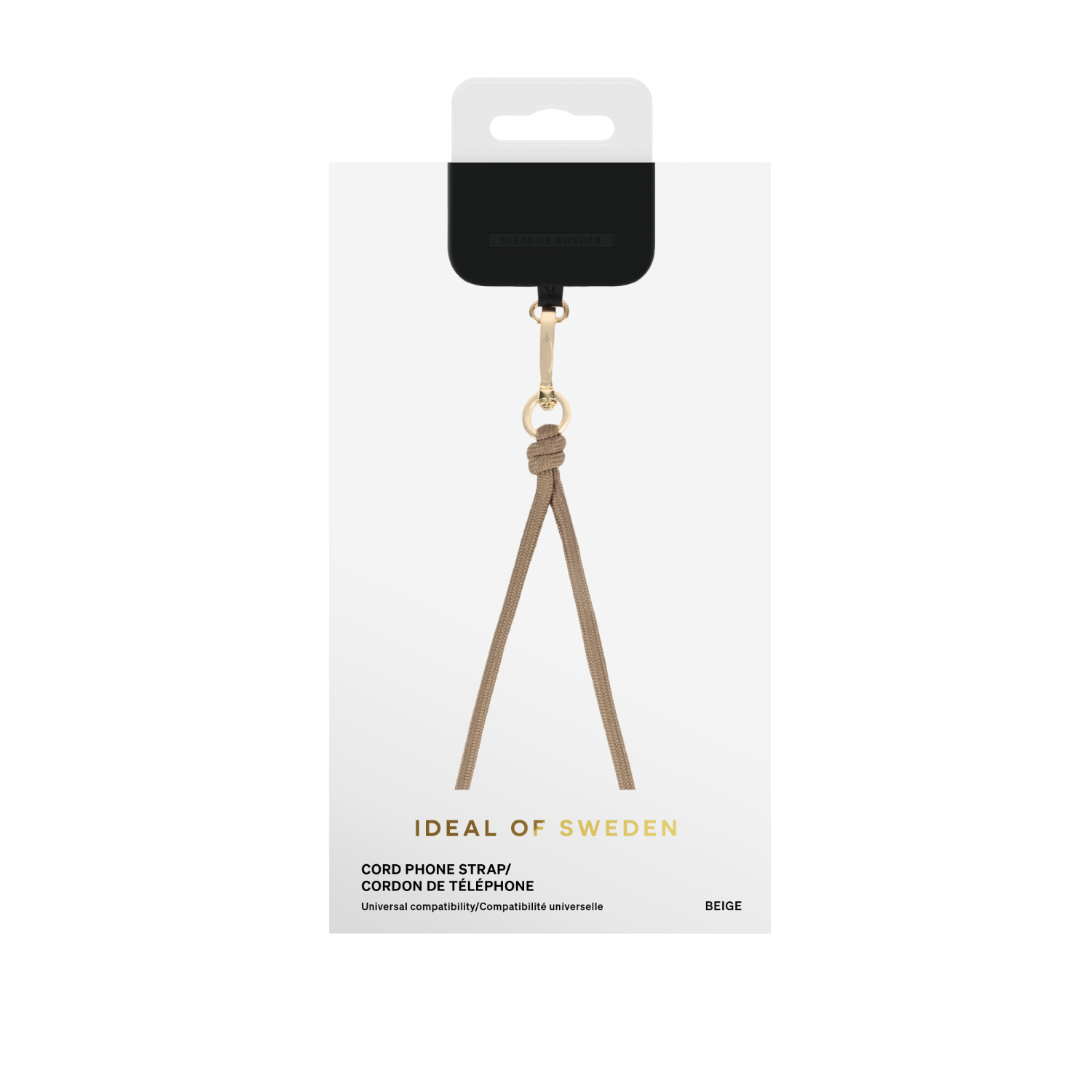 Telefoonriem in verpakking, beige kleur, witte achtergrond.