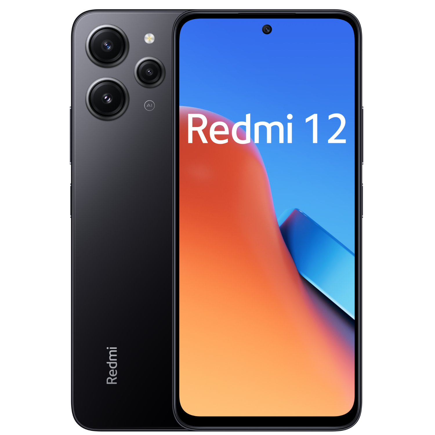 Een zwarte smartphone met een camera-array aan de achterkant en een kleurrijk scherm.