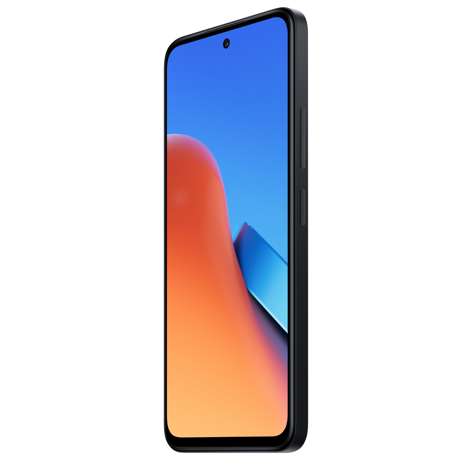 Zwarte smartphone met een blauw en oranje scherm. De telefoon staat op een zwarte achtergrond.