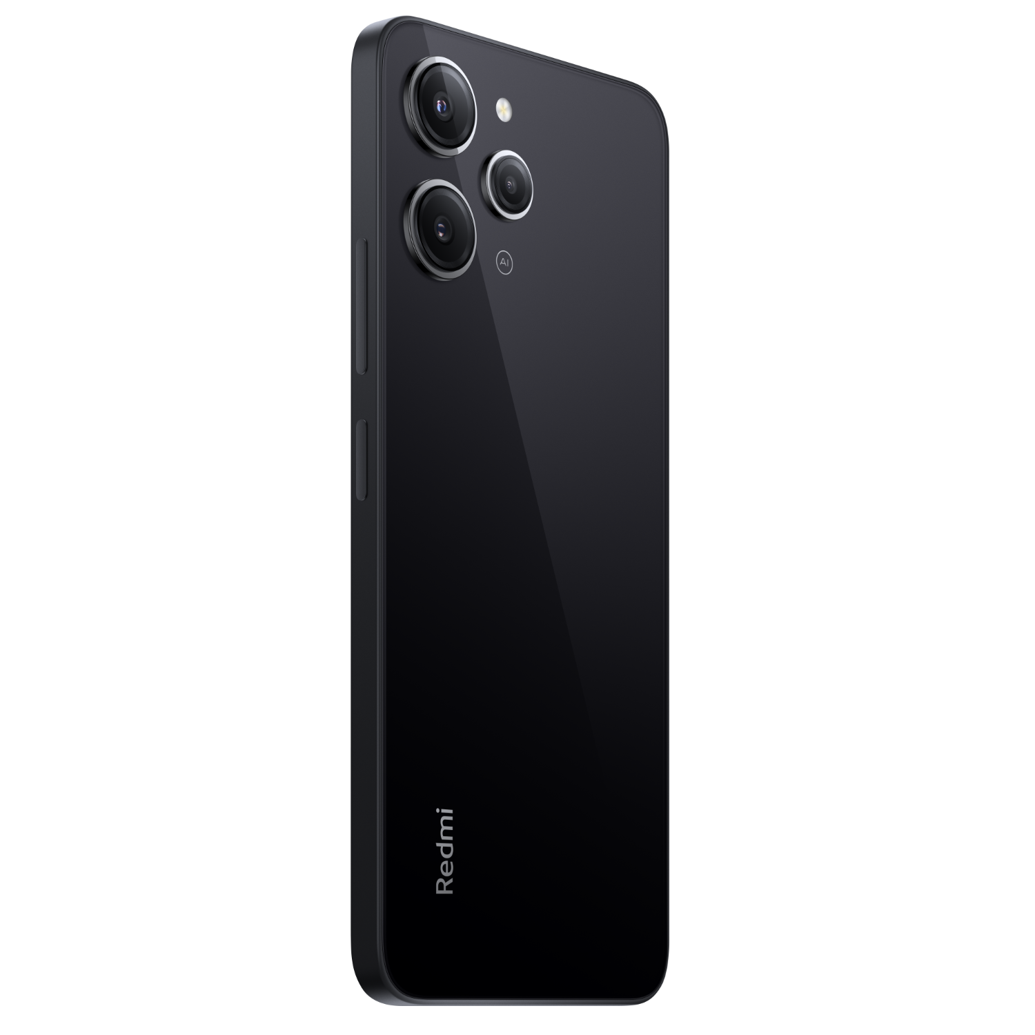 Zwarte smartphone met drie camera's aan de achterkant, het Redmi-logo staat onderaan.