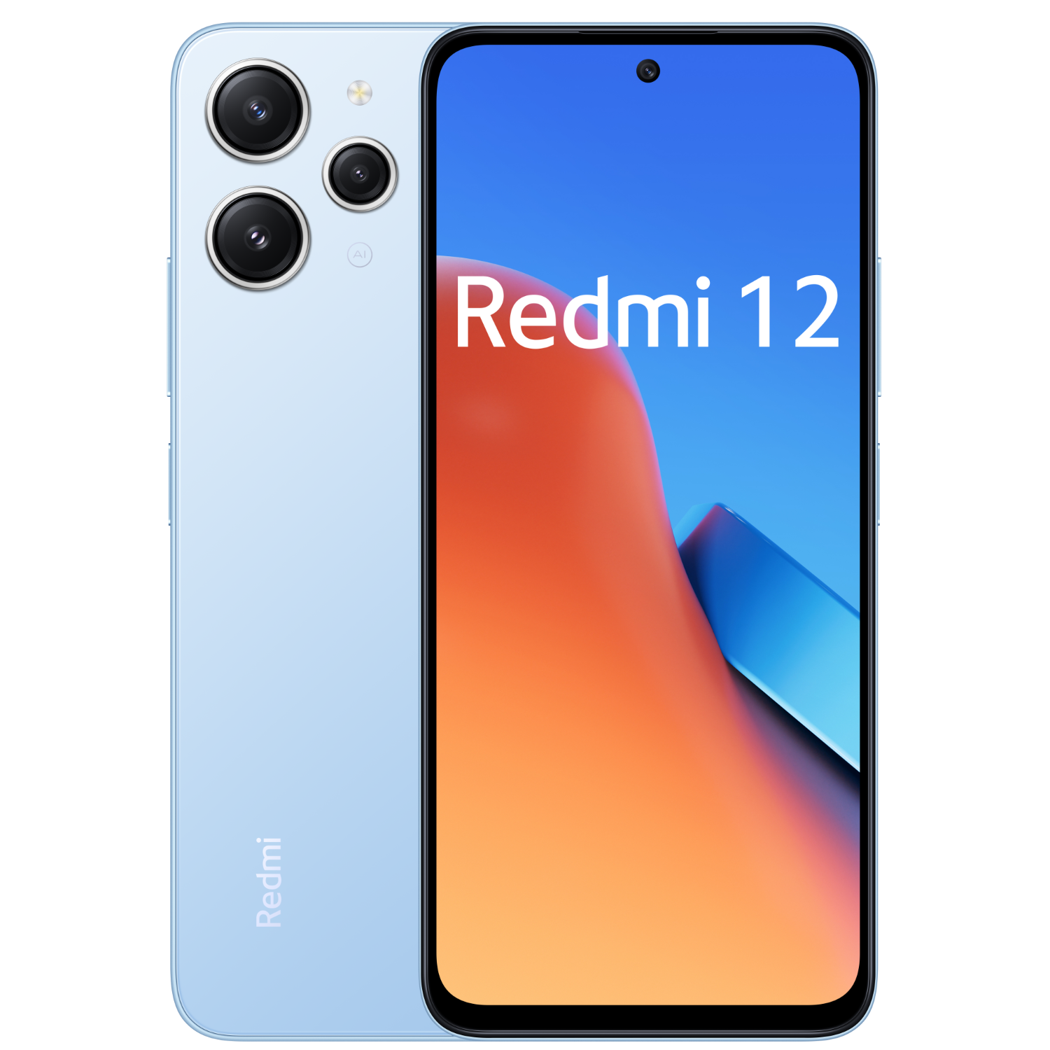 Lichtblauw Redmi 12 telefoon, voorkant en achterkant. Zwarte achtergrond.