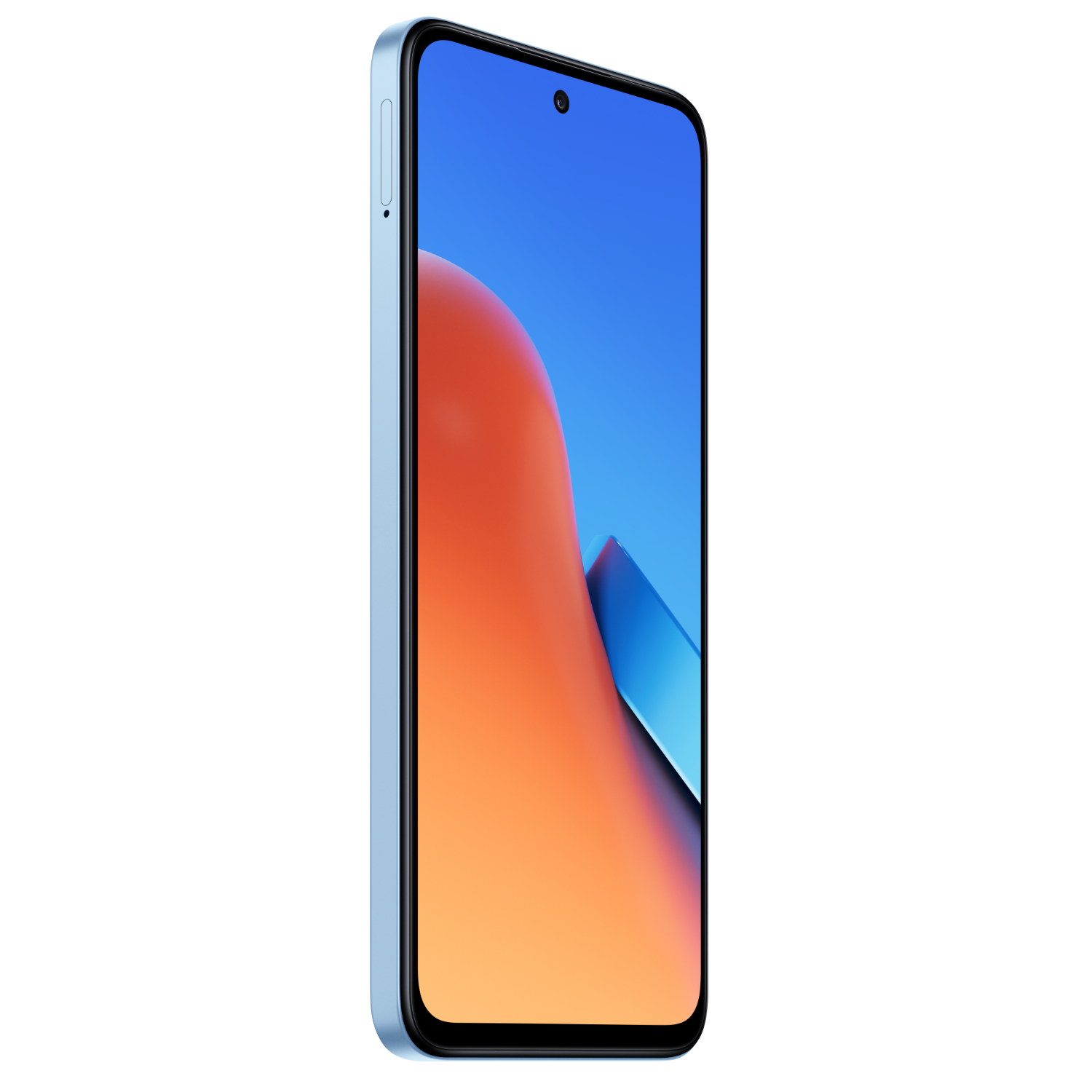 Blauwe smartphone met een groot scherm. Oranje en blauwe abstracte achtergrond.