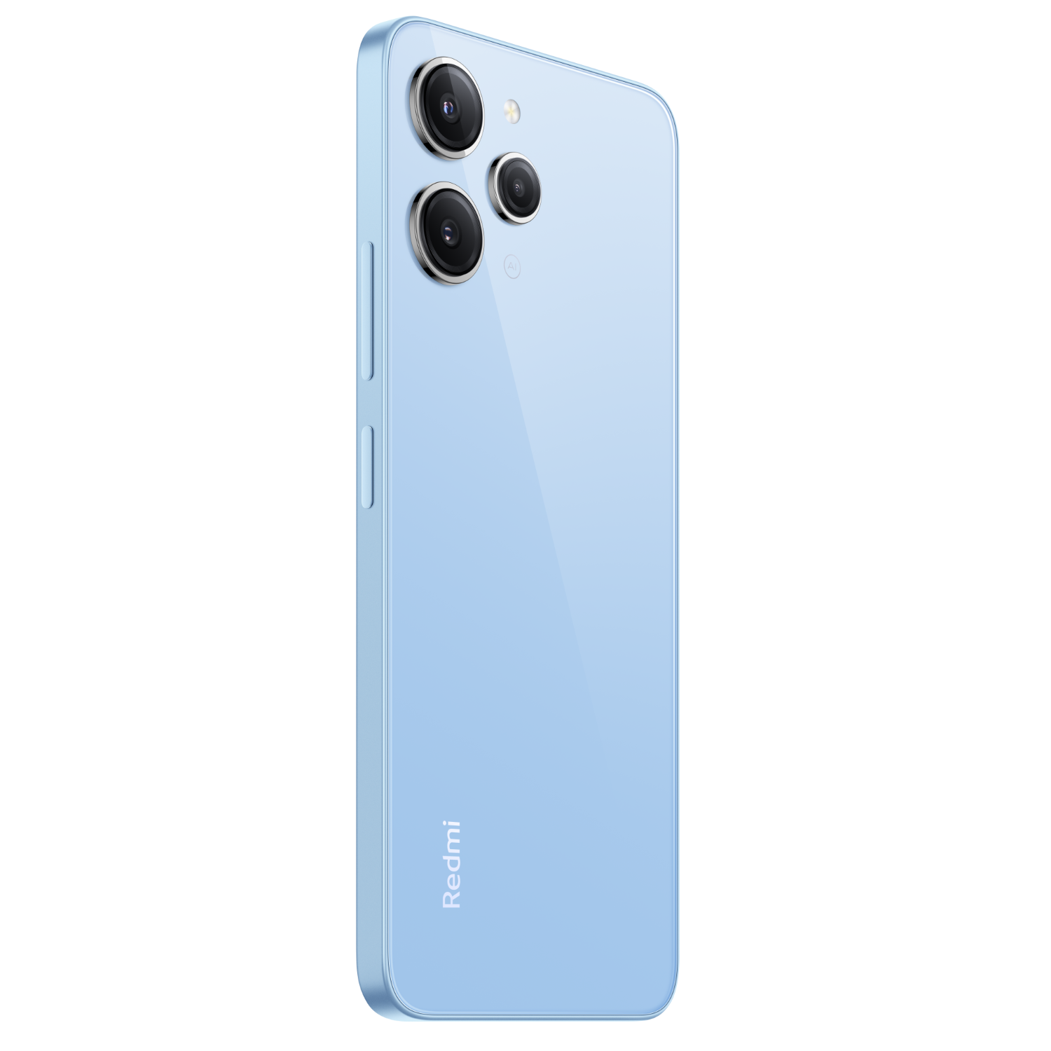 Een lichtblauwe Redmi-telefoon wordt van achteren getoond. Hij heeft drie camera's en het Redmi-logo.