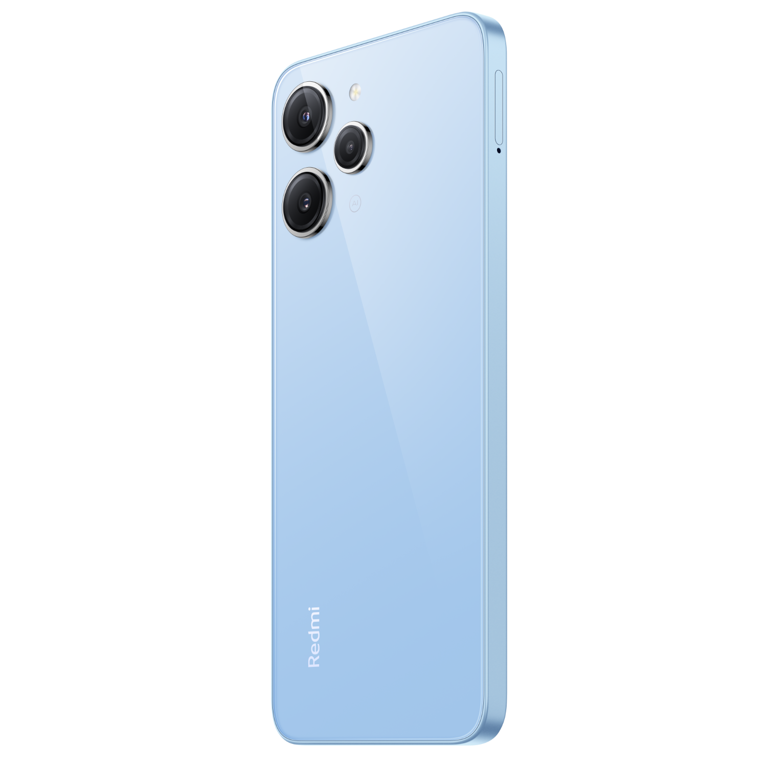 Achterkant van een blauwe smartphone, met cameralenzen en het Redmi-logo.