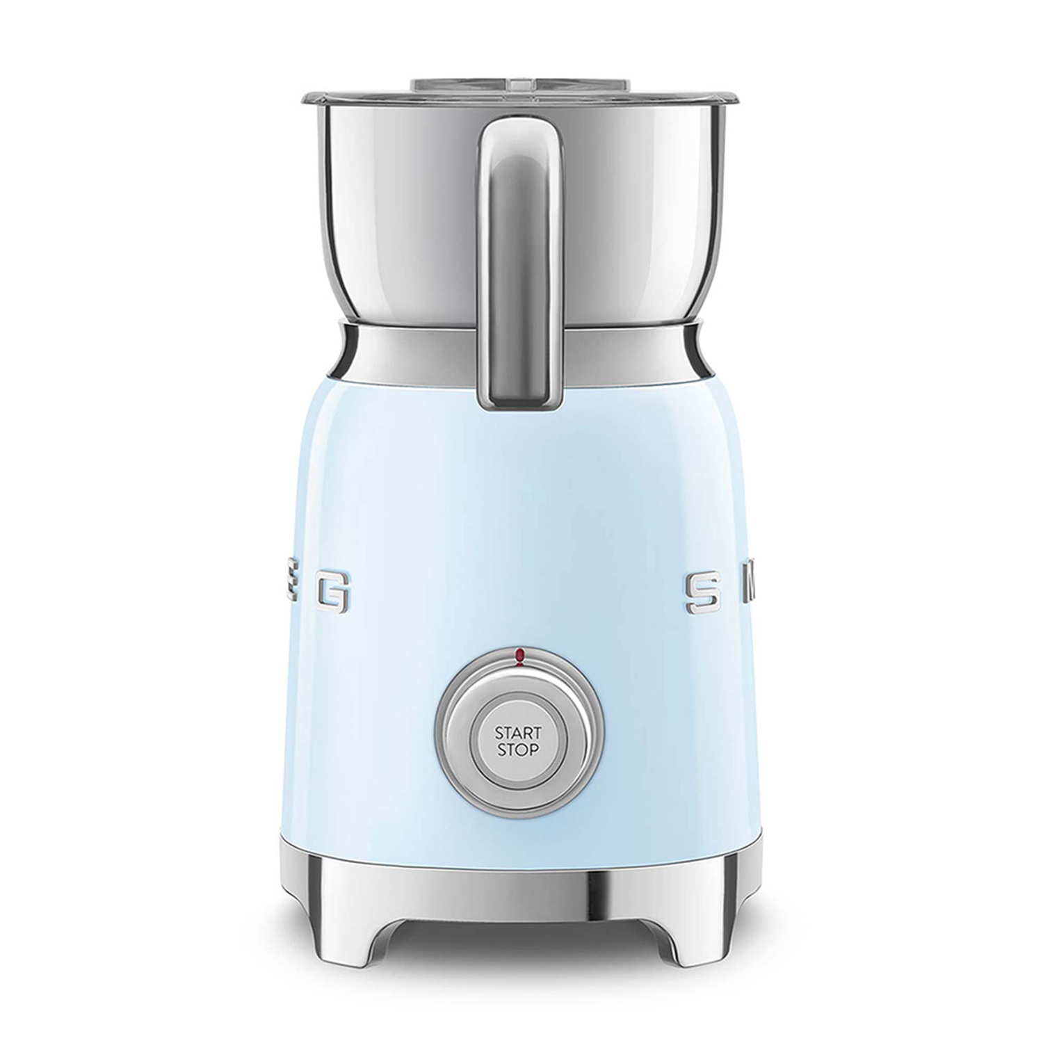 Macinacaffè retrò azzurro. Ha un coperchio e una maniglia argentati, con un pulsante start/stop.