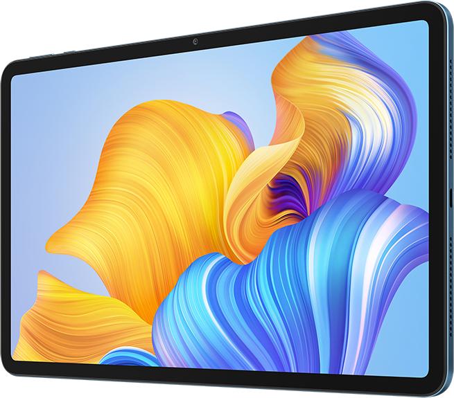 Egy kék keretű tablet. A képernyő egy absztrakt dizájnt jelenít meg kék és sárga színekkel.