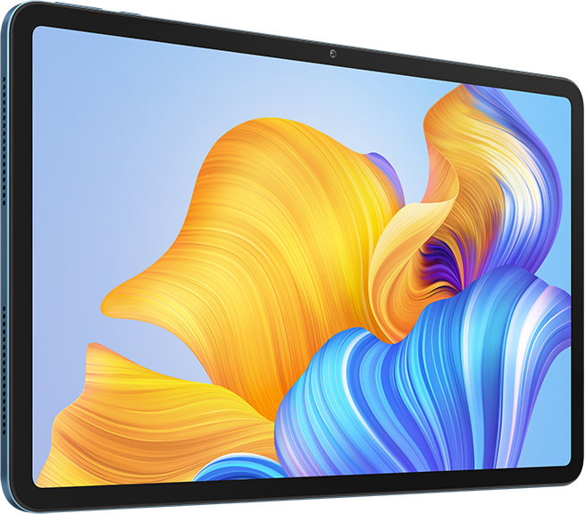 Sötétkék tablet fekvő módban, kissé ferdén. A képernyő színes képet mutat.