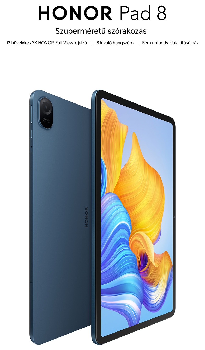 Kék tablet két kamerával, 'HONOR Pad 8' felirattal és specifikációkkal, fehér háttérrel.