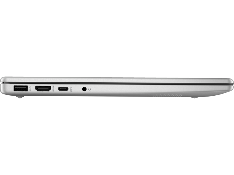 USB, HDMI, USB-C ve kulaklık jakı bağlantı noktalarının bulunduğu tarafı gösteren gümüş bir dizüstü bilgisayar.