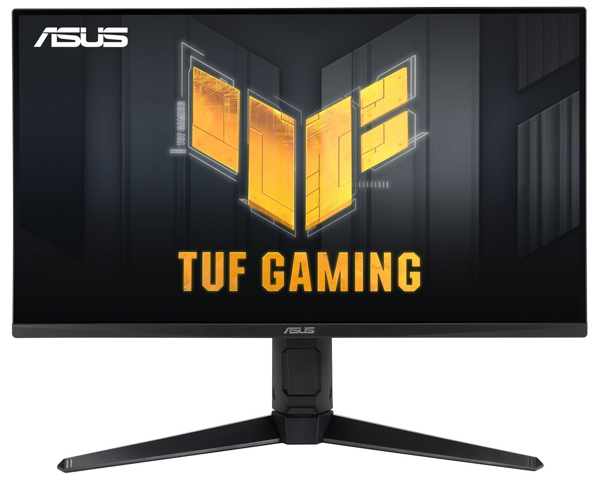 Monitor do gier ASUS TUF. Ekran wyświetla żółto-czarne logo.