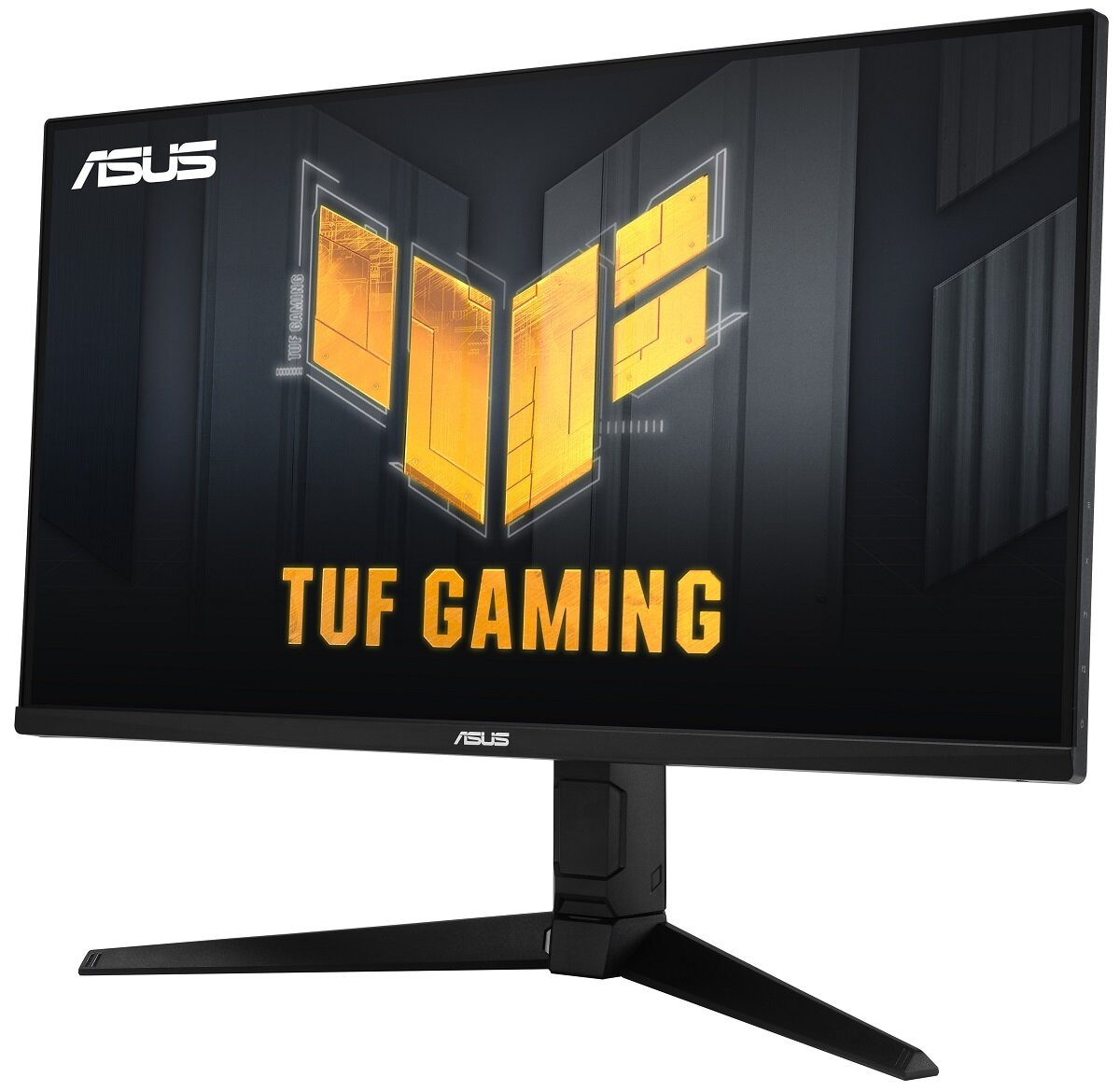 Monitor ASUS TUF Gaming z czarną podstawą i logo na ekranie.
