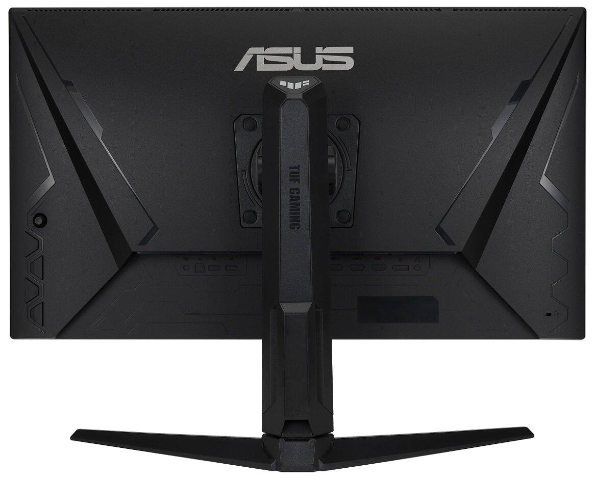 Widok z tyłu czarnego monitora ASUS ze stojakiem, z logo TUF GAMING.
