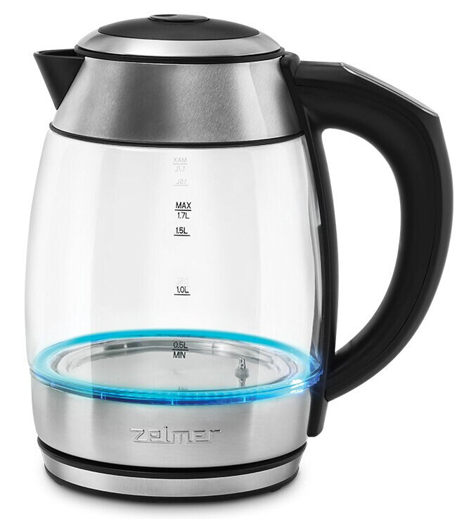 Przezroczysty szklany czajnik elektryczny z niebieskim światłem u podstawy, czarnym uchwytem i pokrywą.