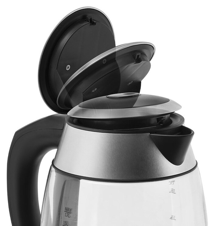 Szklany czajnik z otwartą pokrywą, ukazujący wnętrze i maksymalny poziom wody.