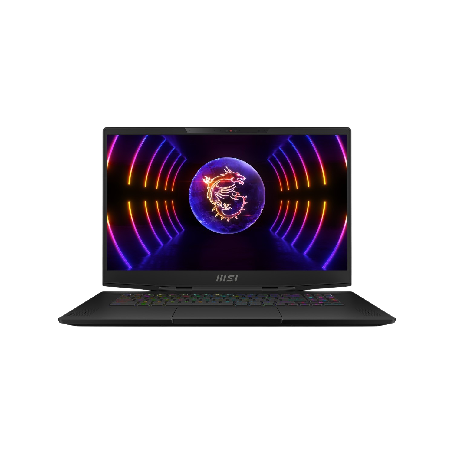 Ordinateur portable MSI noir avec écran éclairé affichant un logo de dragon. Clavier et pavé tactile visibles. Le fond est noir.