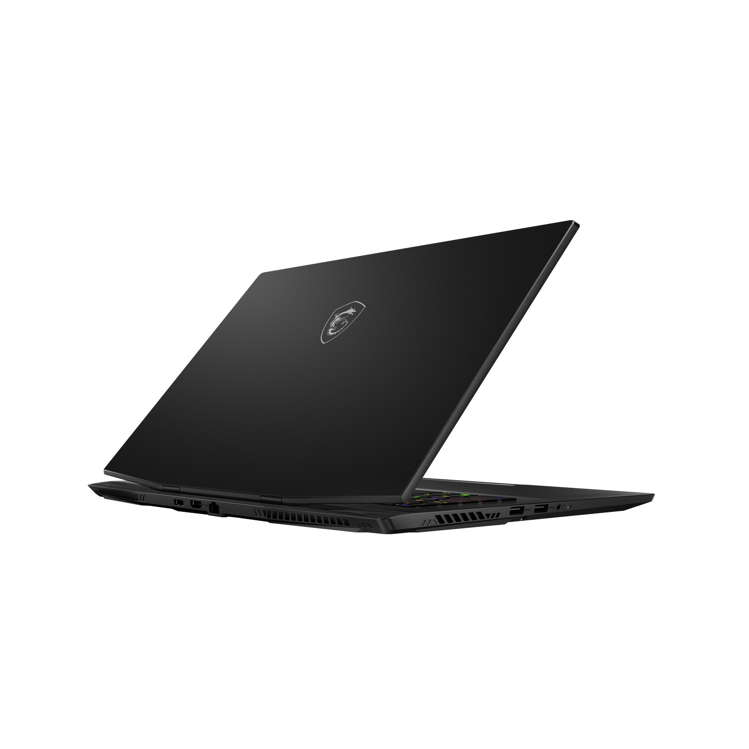 Ordinateur portable noir, partiellement ouvert, vue en angle. Montre le couvercle avec logo, clavier et ports. Sur fond blanc.